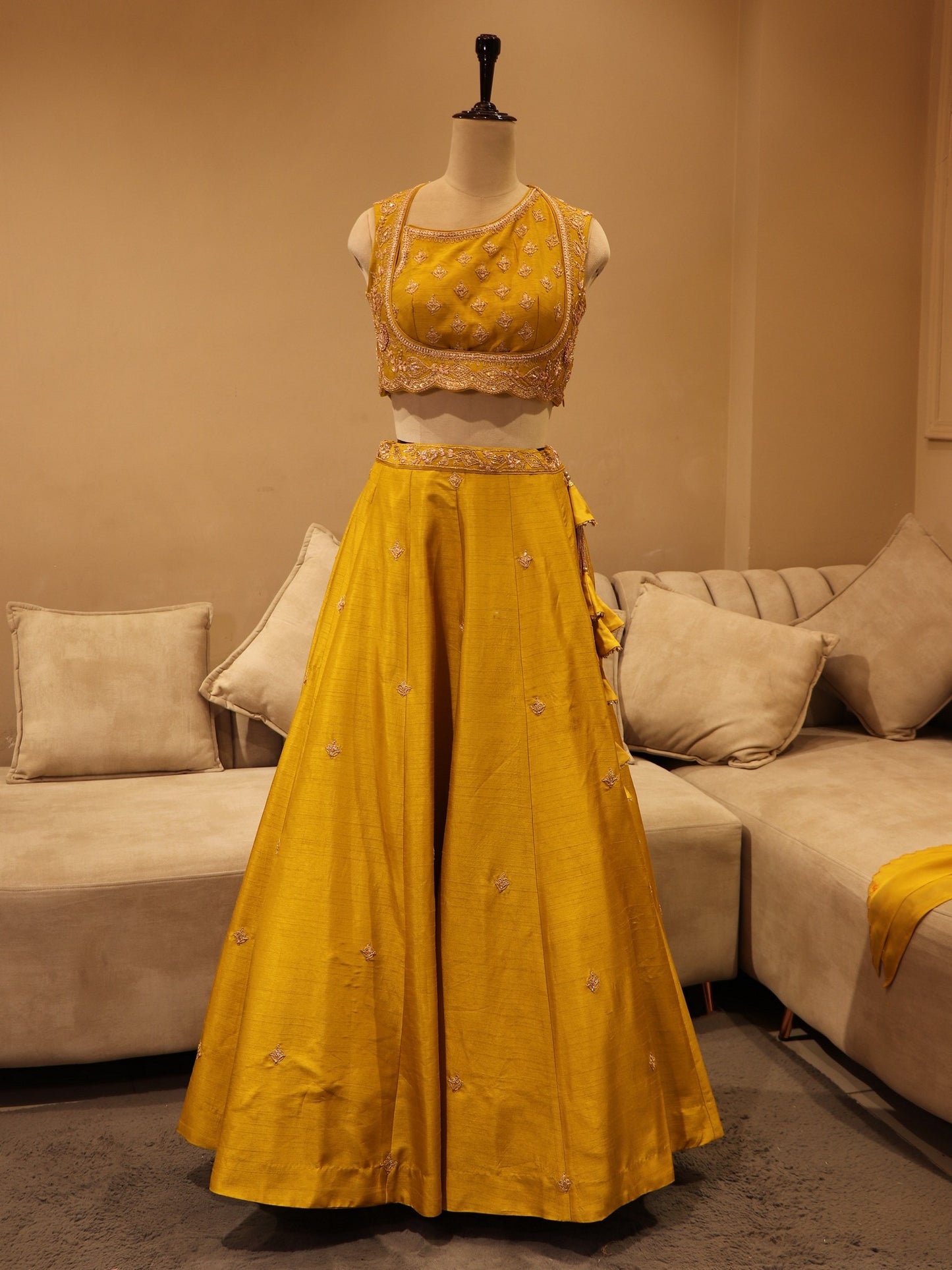 Mustard yellow zardosi lehenga set