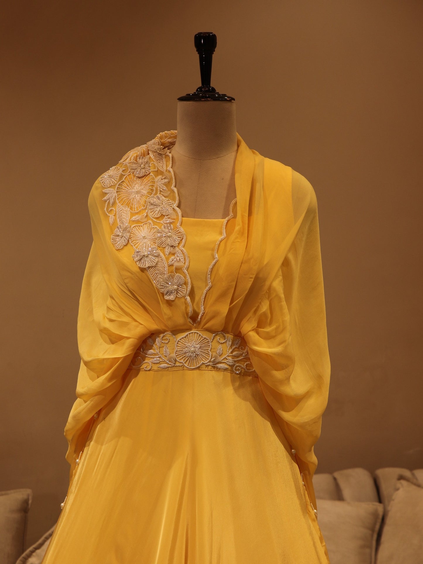 Lemon yellow drape gown