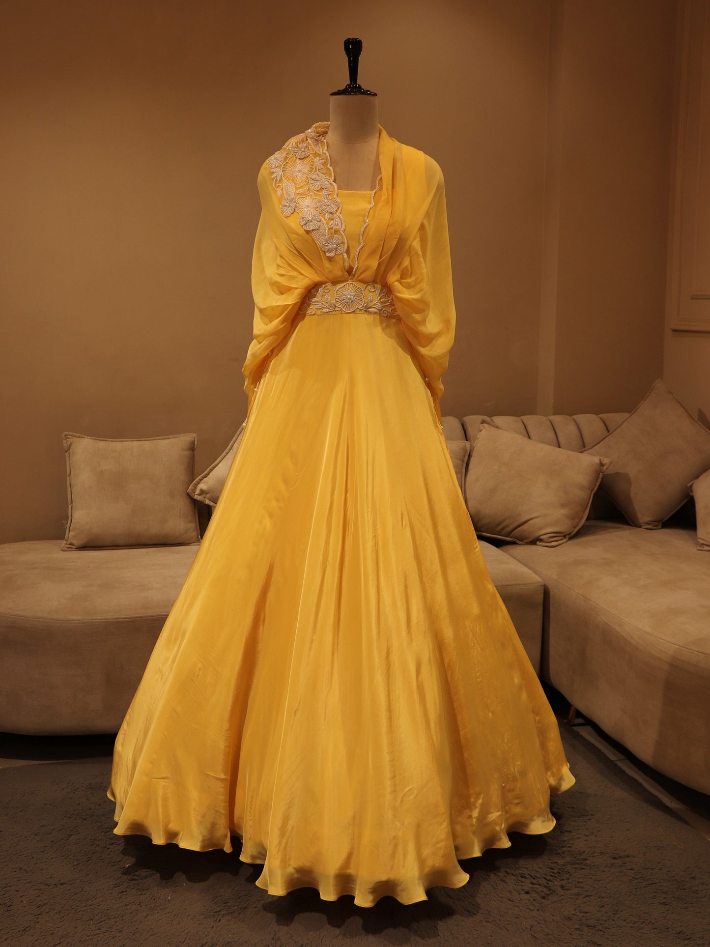 Lemon yellow drape gown