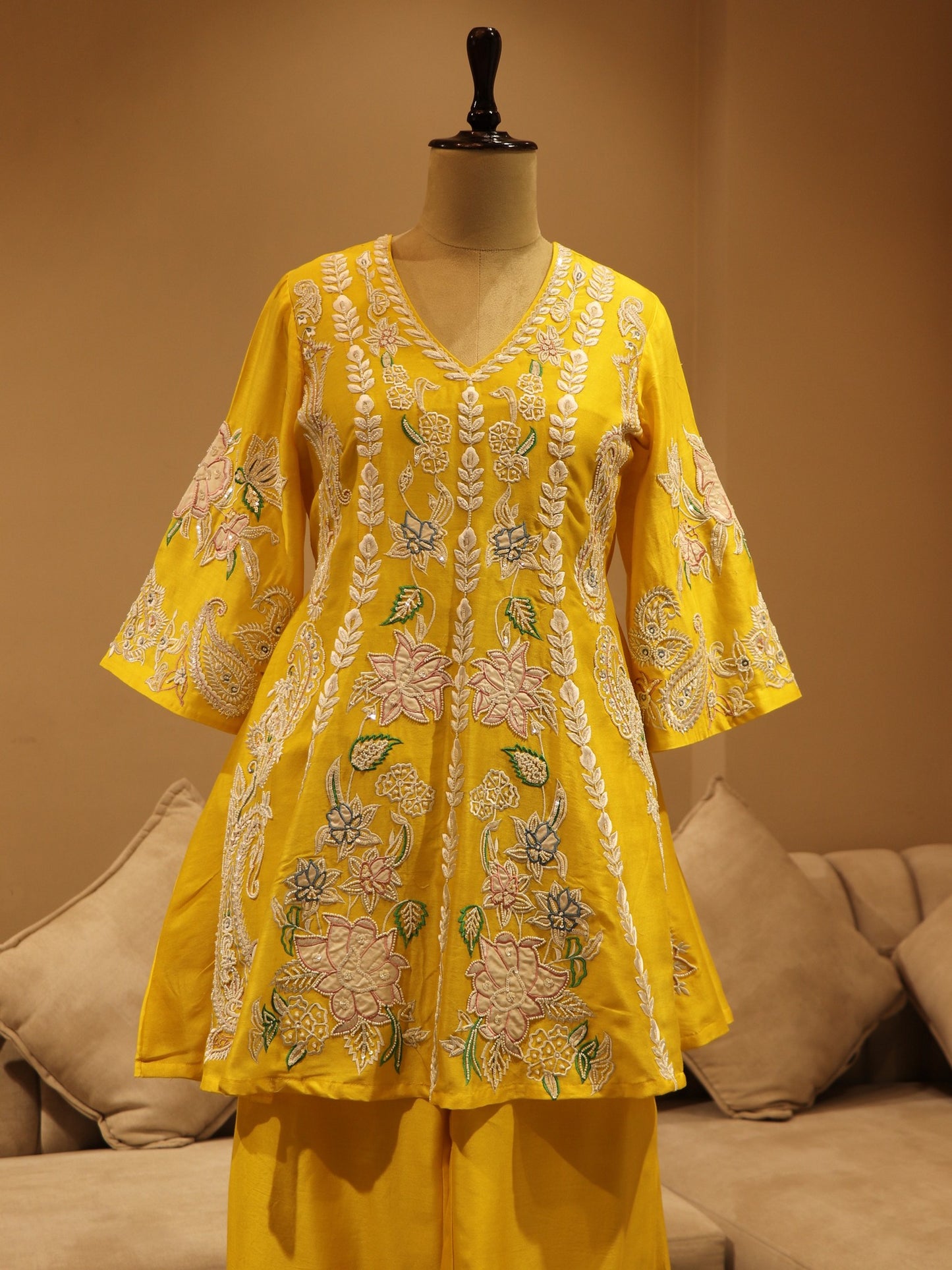 Lemon yellow peplum kurta with plazo
