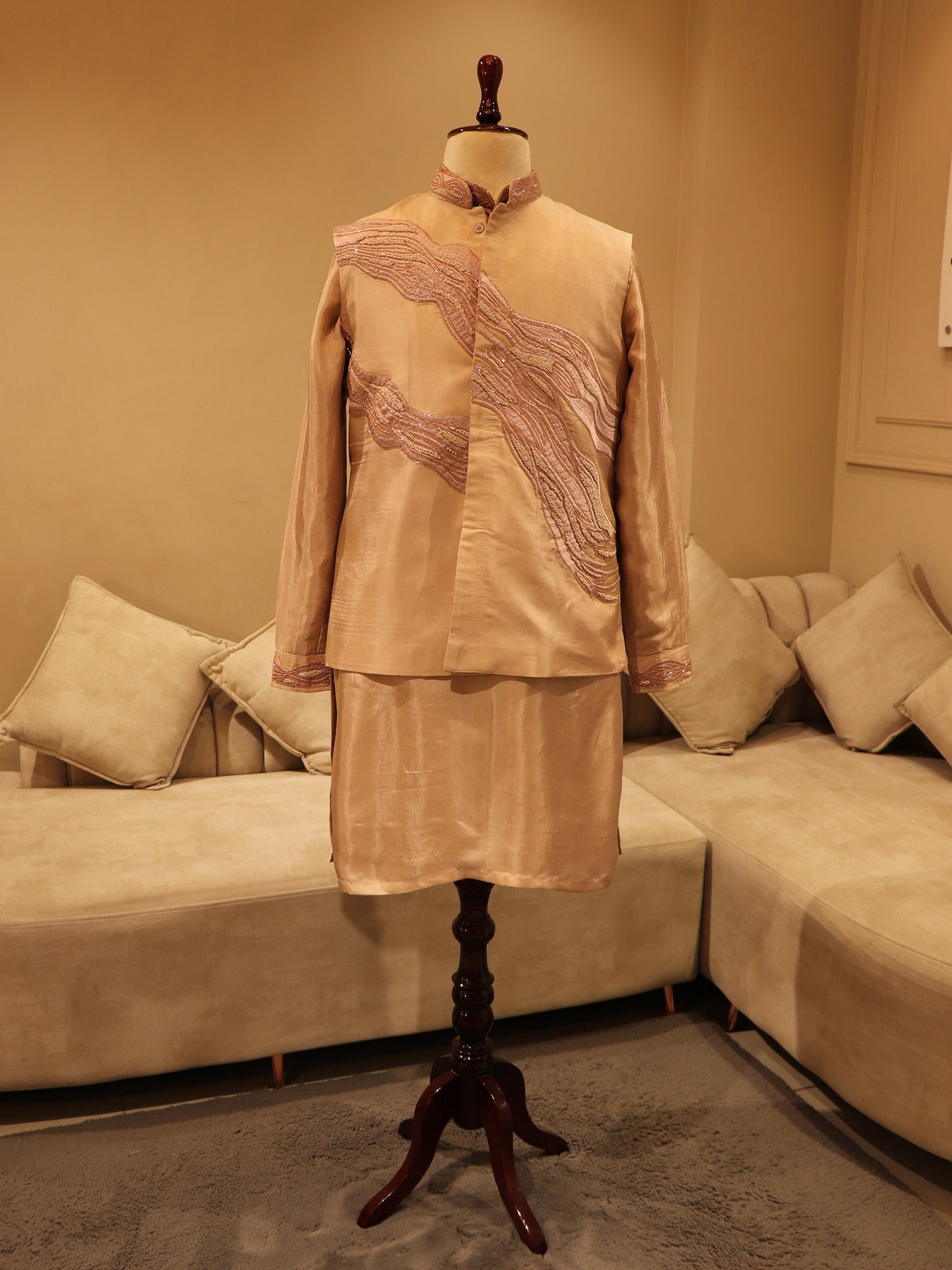 Beige mens Bandi with kurta pants