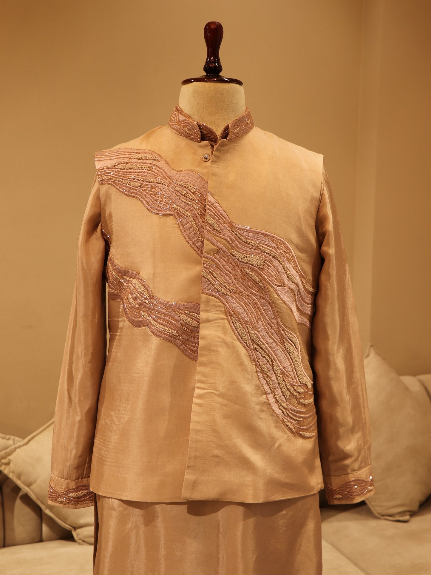 Beige mens Bandi with kurta pants