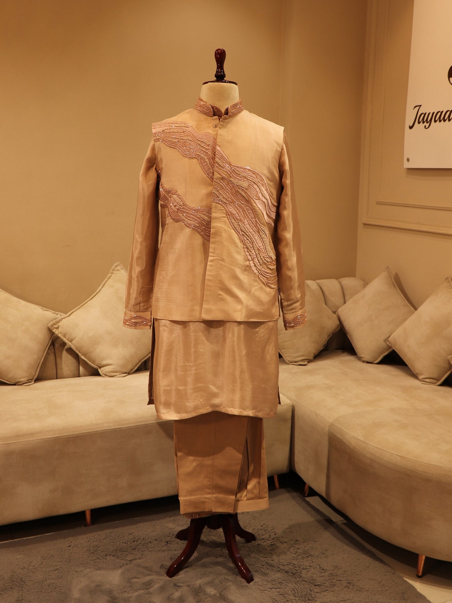 Beige mens Bandi with kurta pants