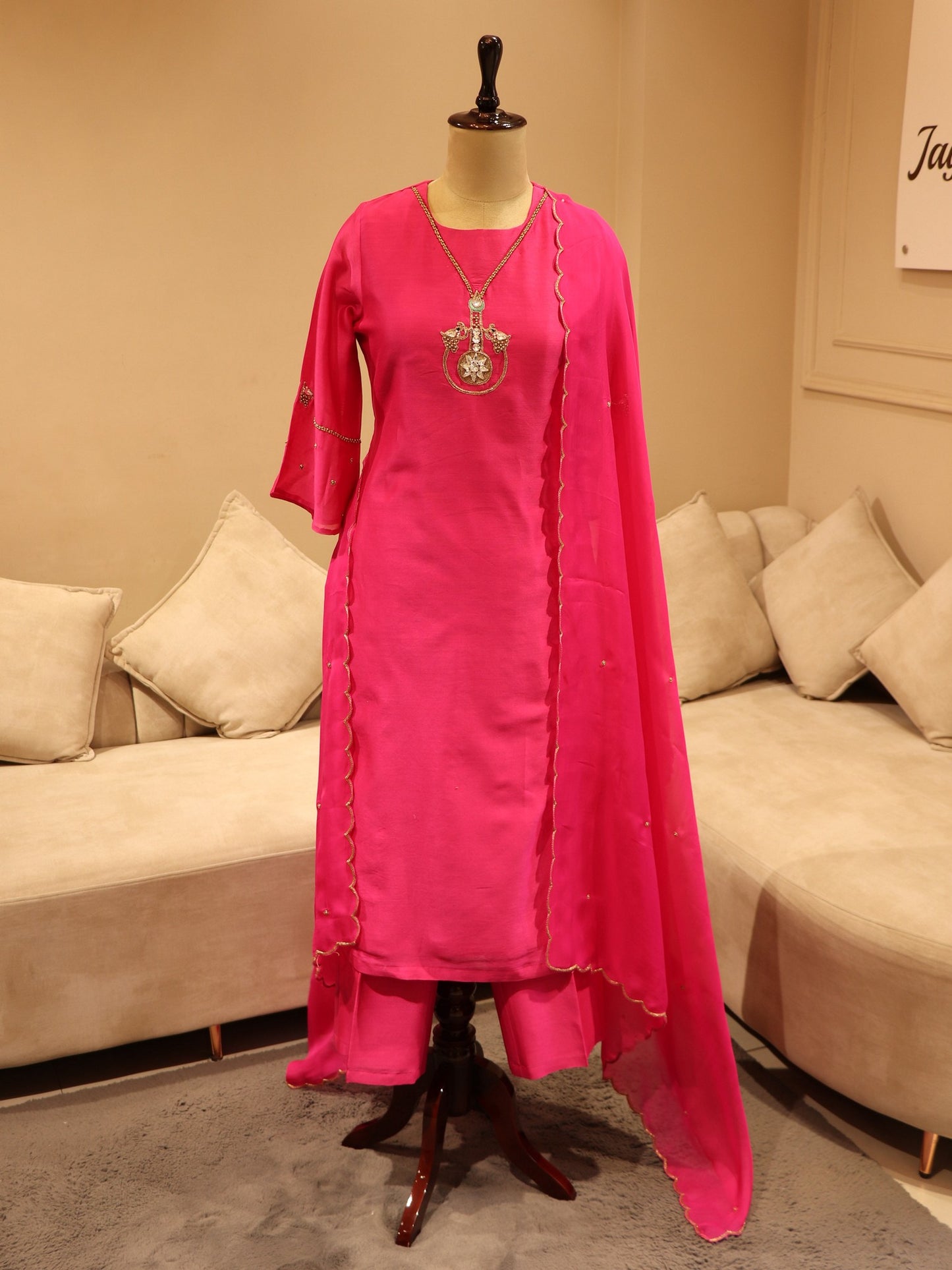 Hot pink kurta pants with dupatta