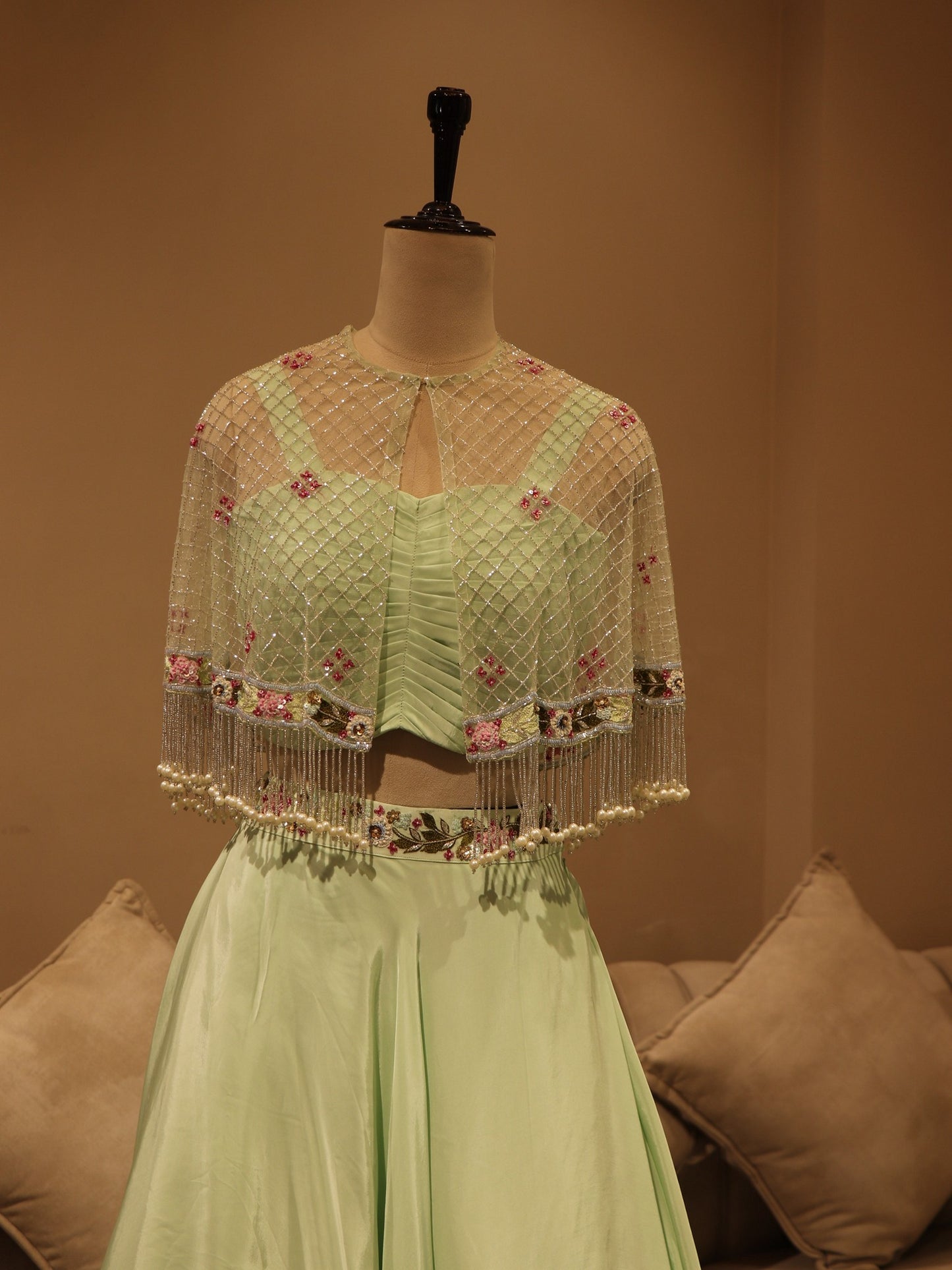 Sea green crop top cape with skirt
