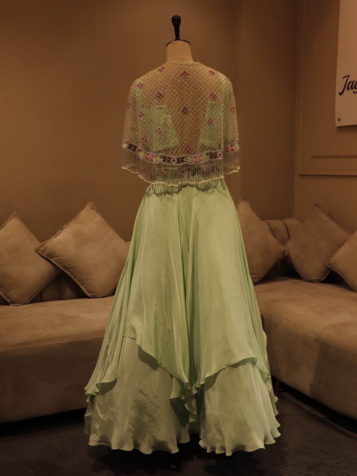 Sea green crop top cape with skirt