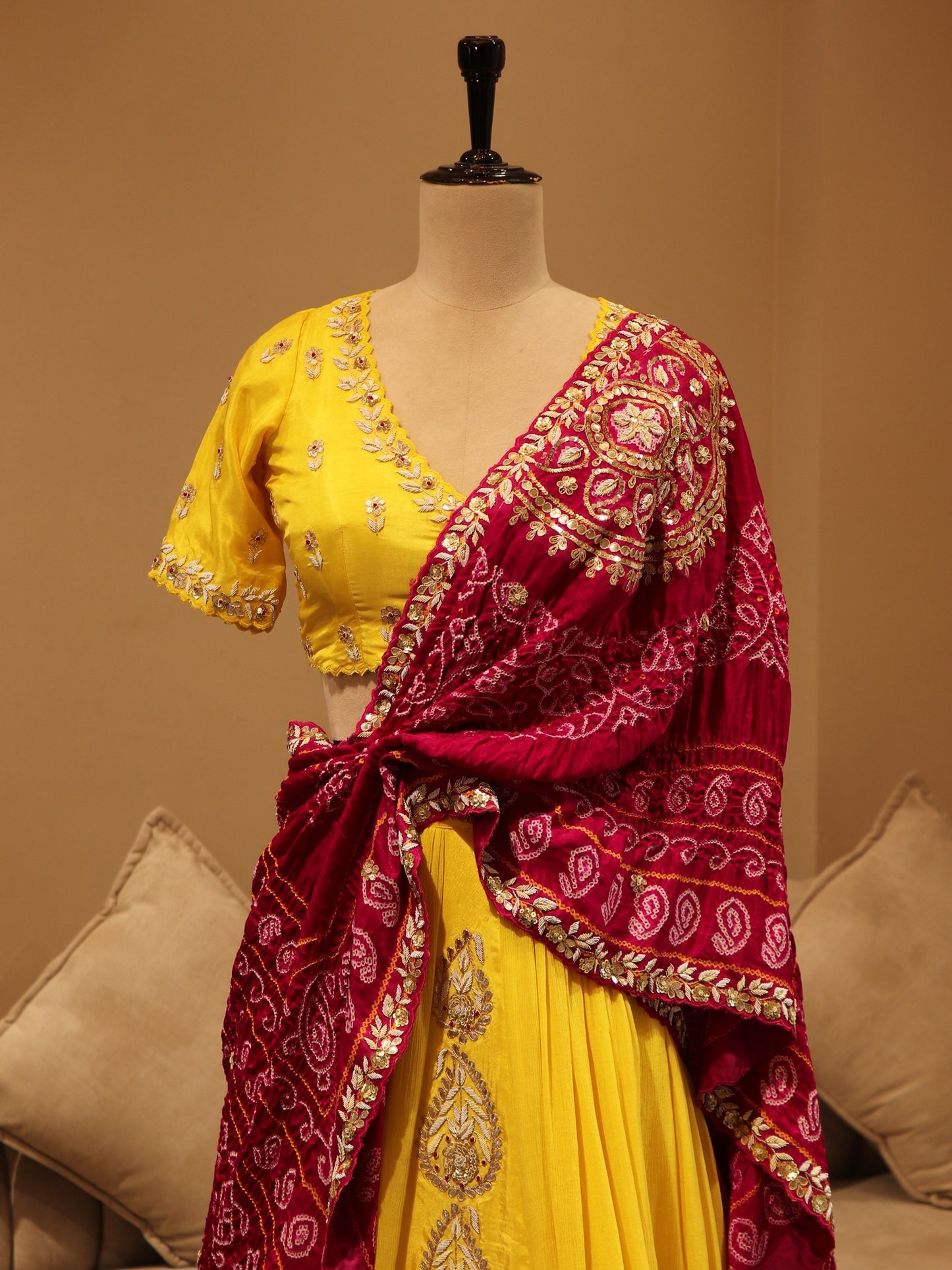 Lemon yellow bandhej lehenga set