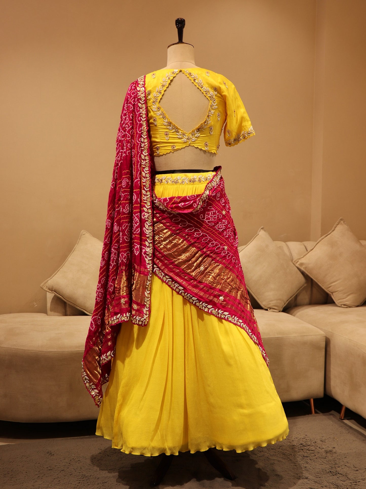 Lemon yellow bandhej lehenga set