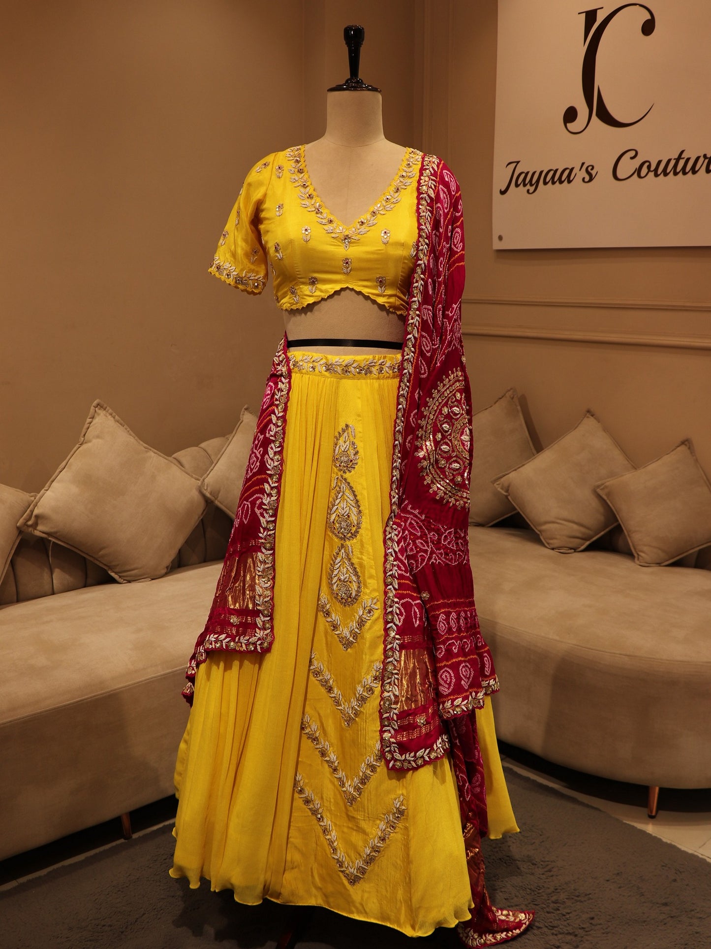Lemon yellow bandhej lehenga set