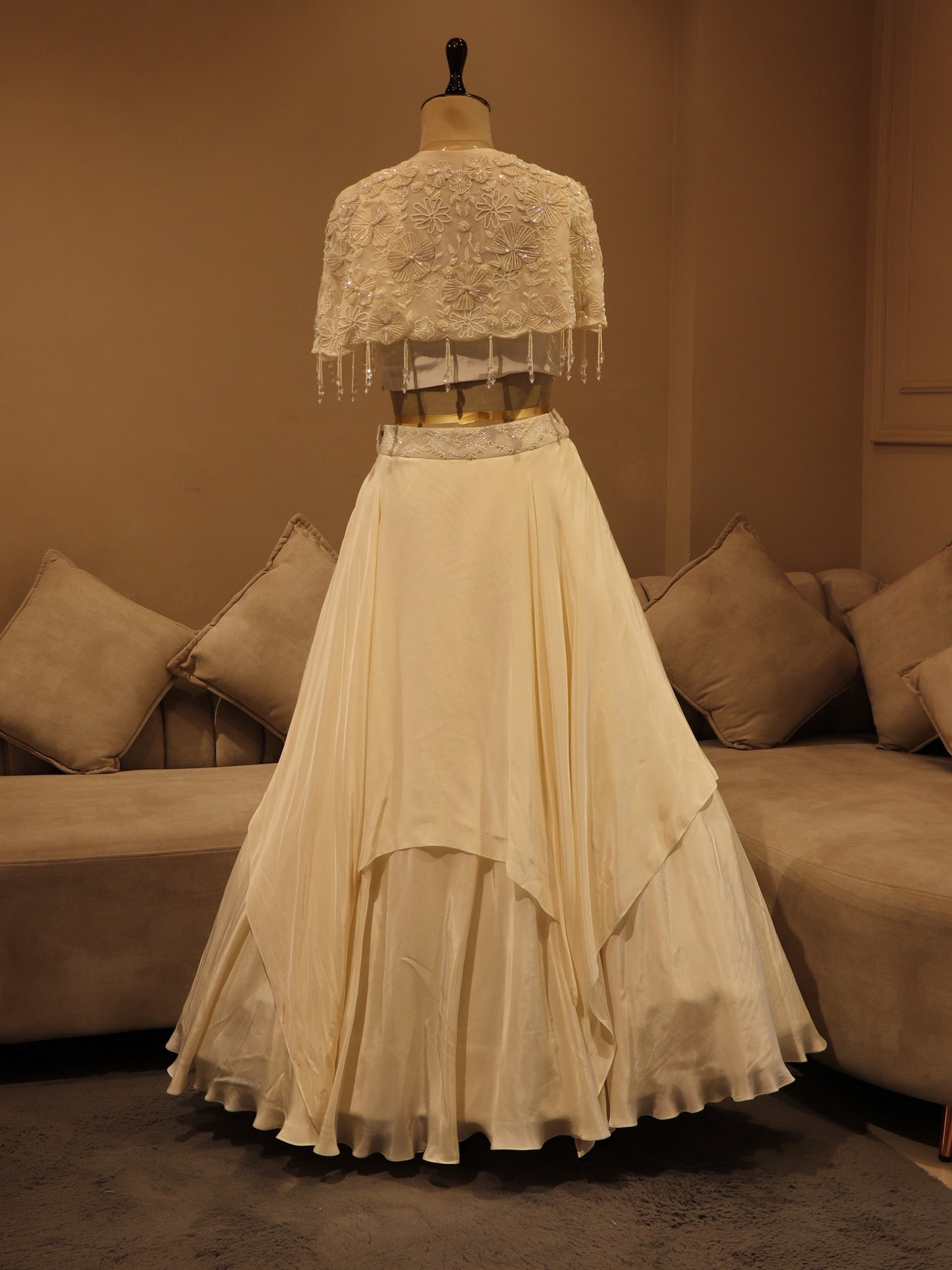 Pearl white crop top skirt cape