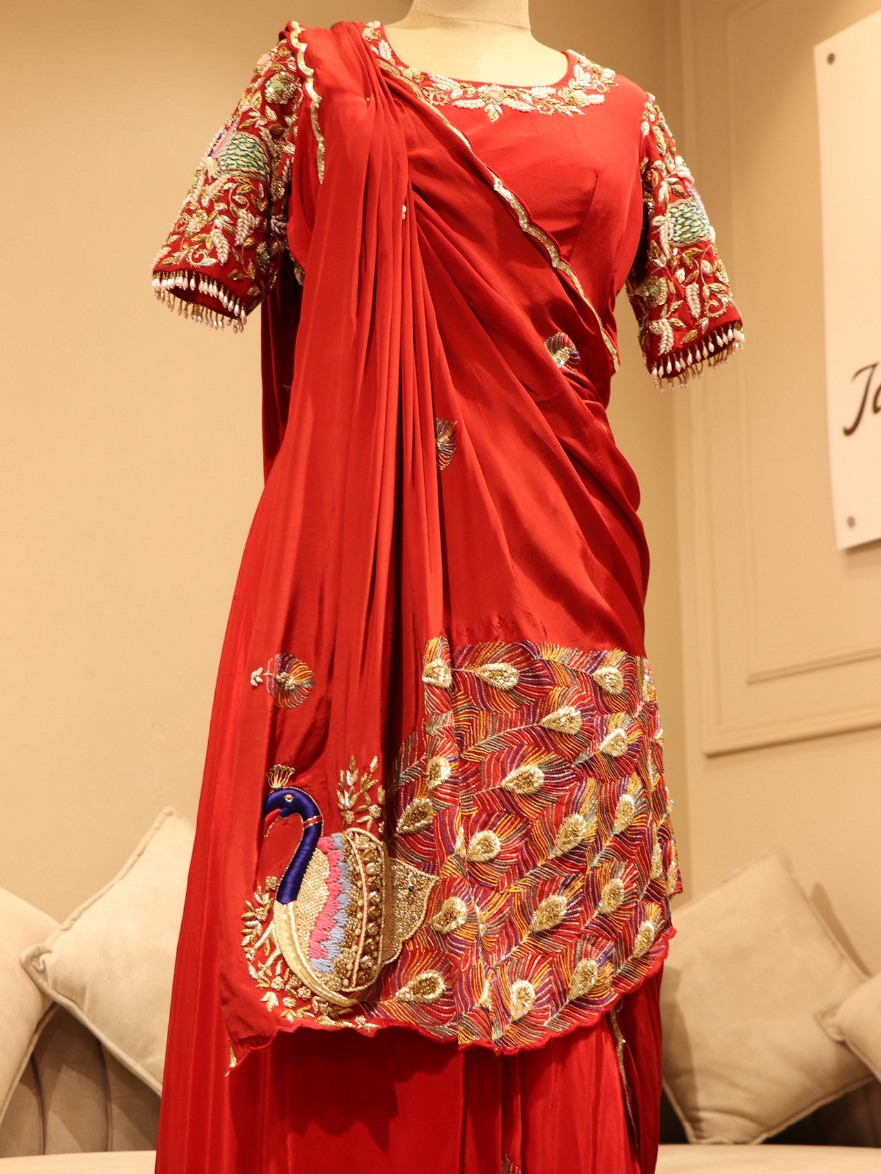 Red peacock zardosi pre drape saree