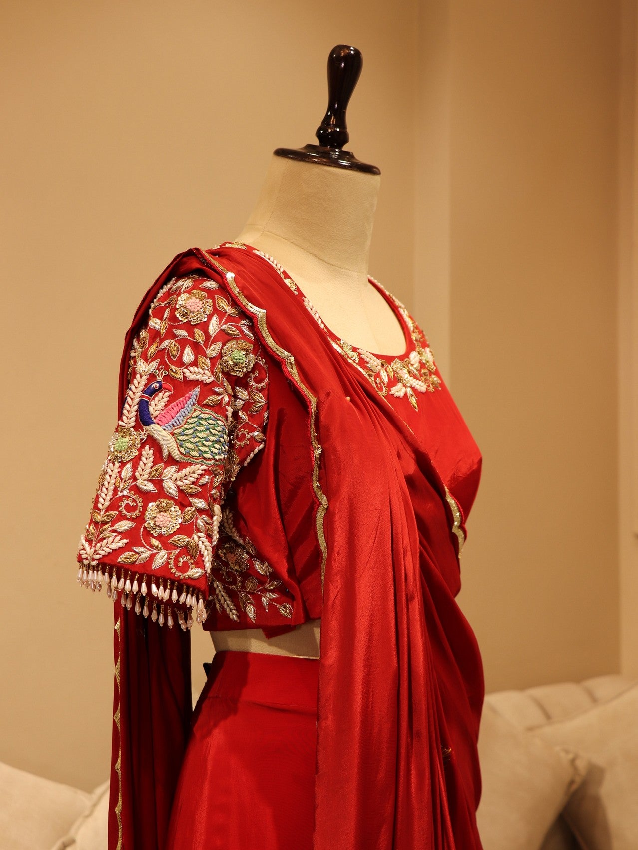 Red peacock zardosi pre drape saree