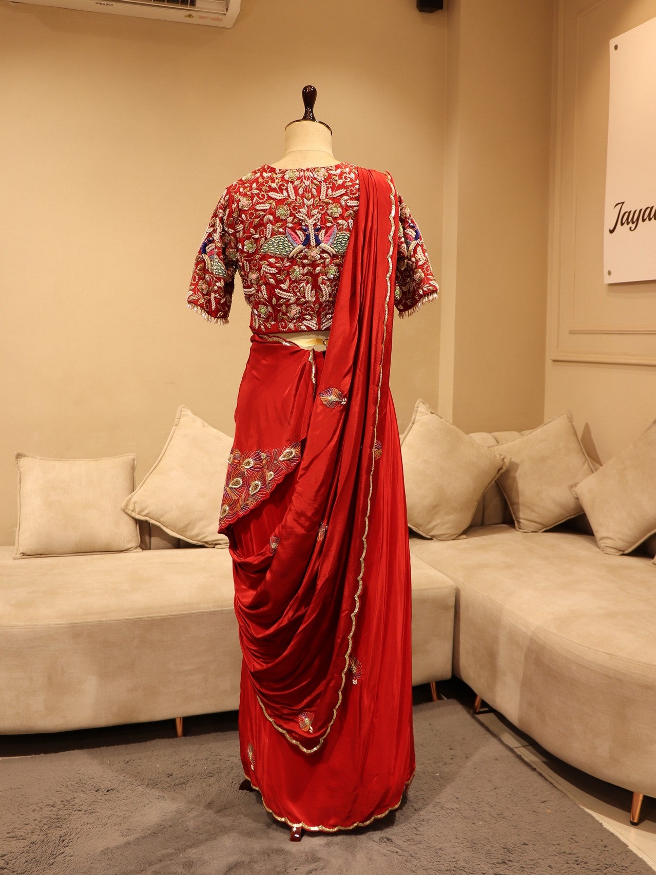 Red peacock zardosi pre drape saree