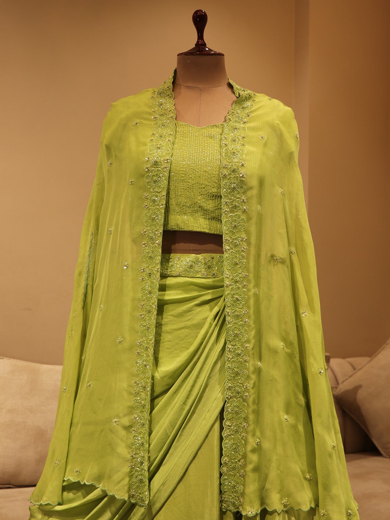 Parrot green cape with crop top skirt
