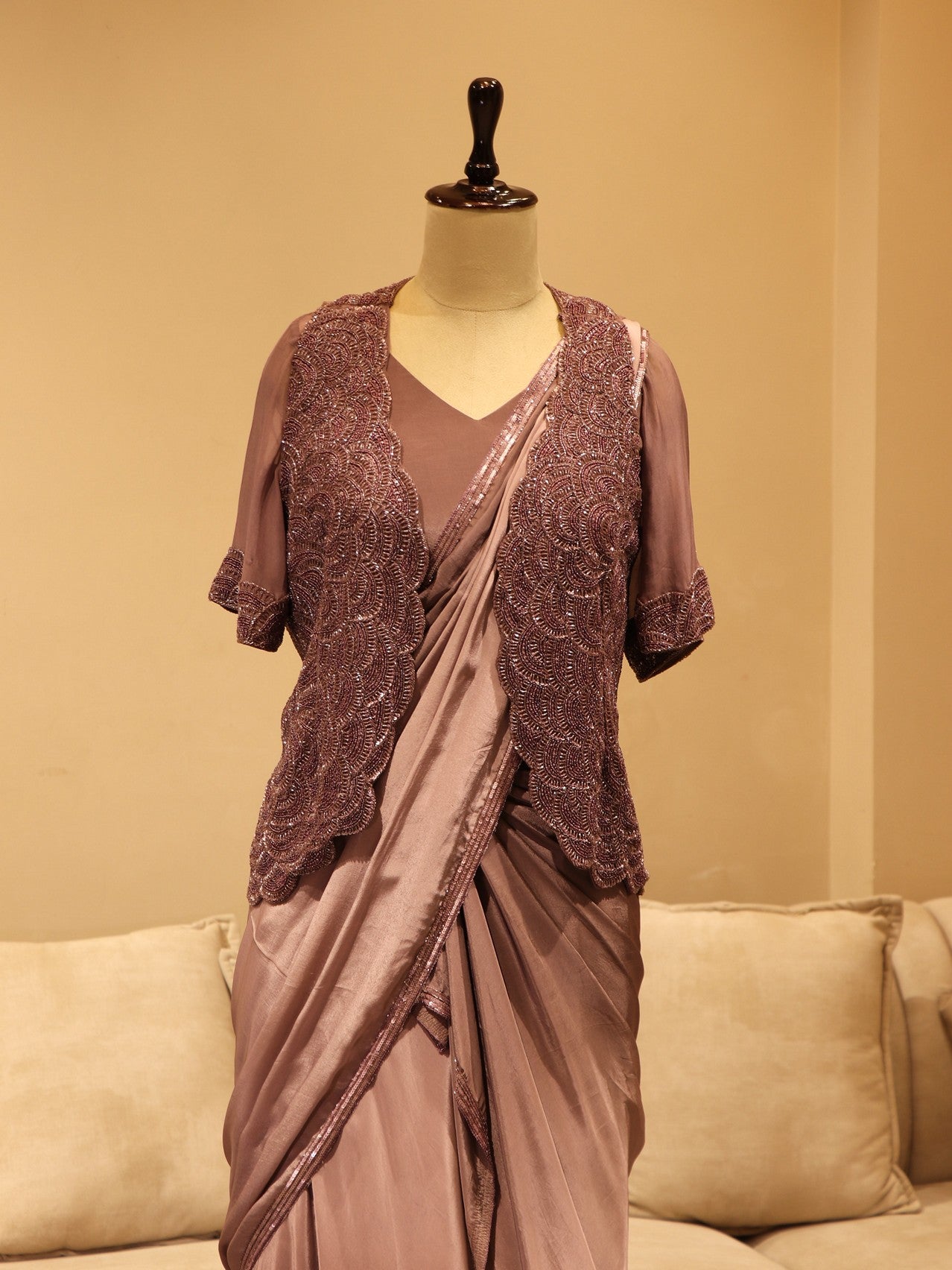 Mauve shaded drape saree with shrug