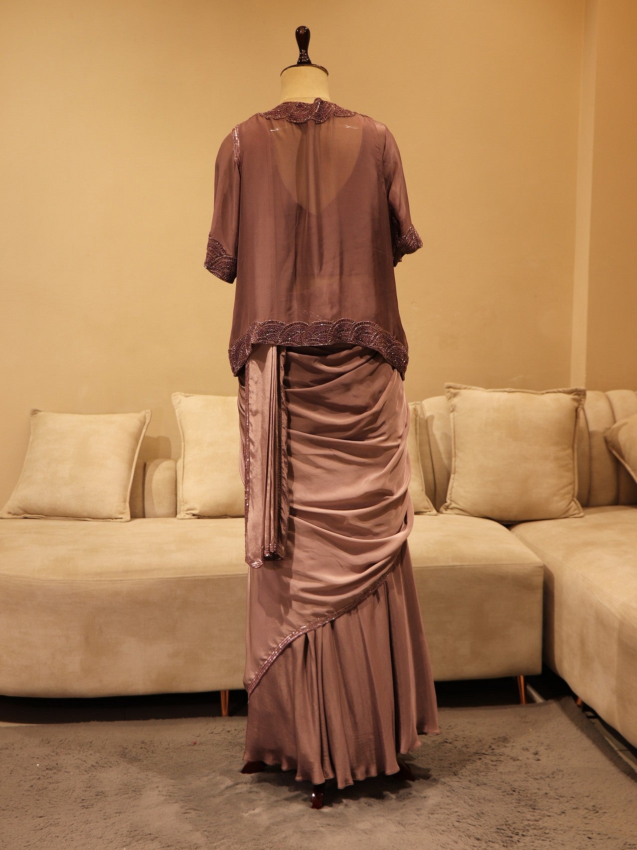 Mauve shaded drape saree with shrug
