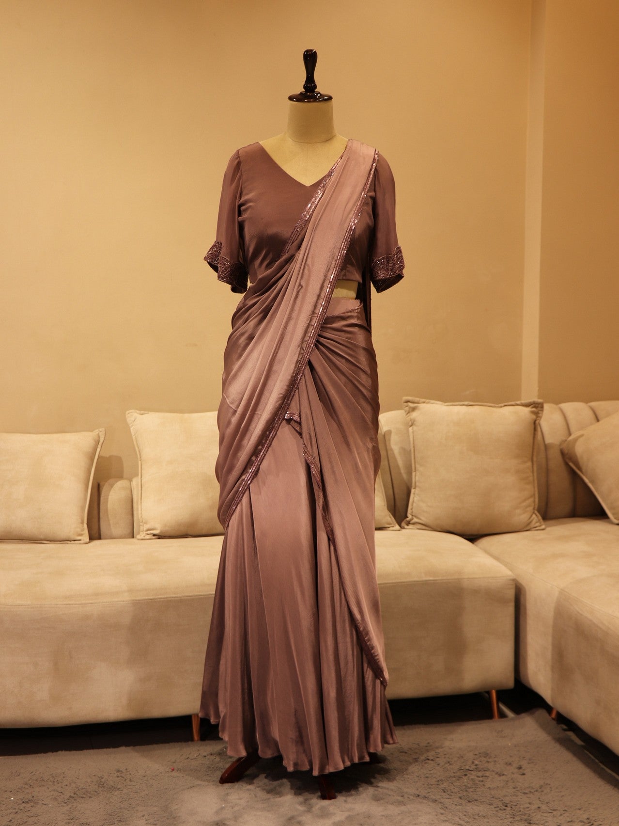 Mauve shaded drape saree with shrug