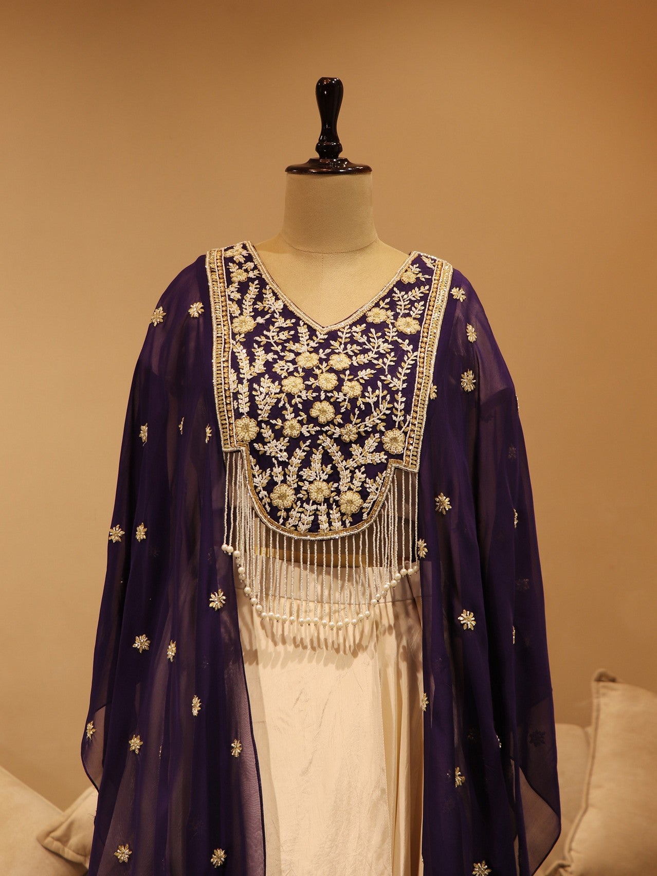 Purple white cape with crop top skirt