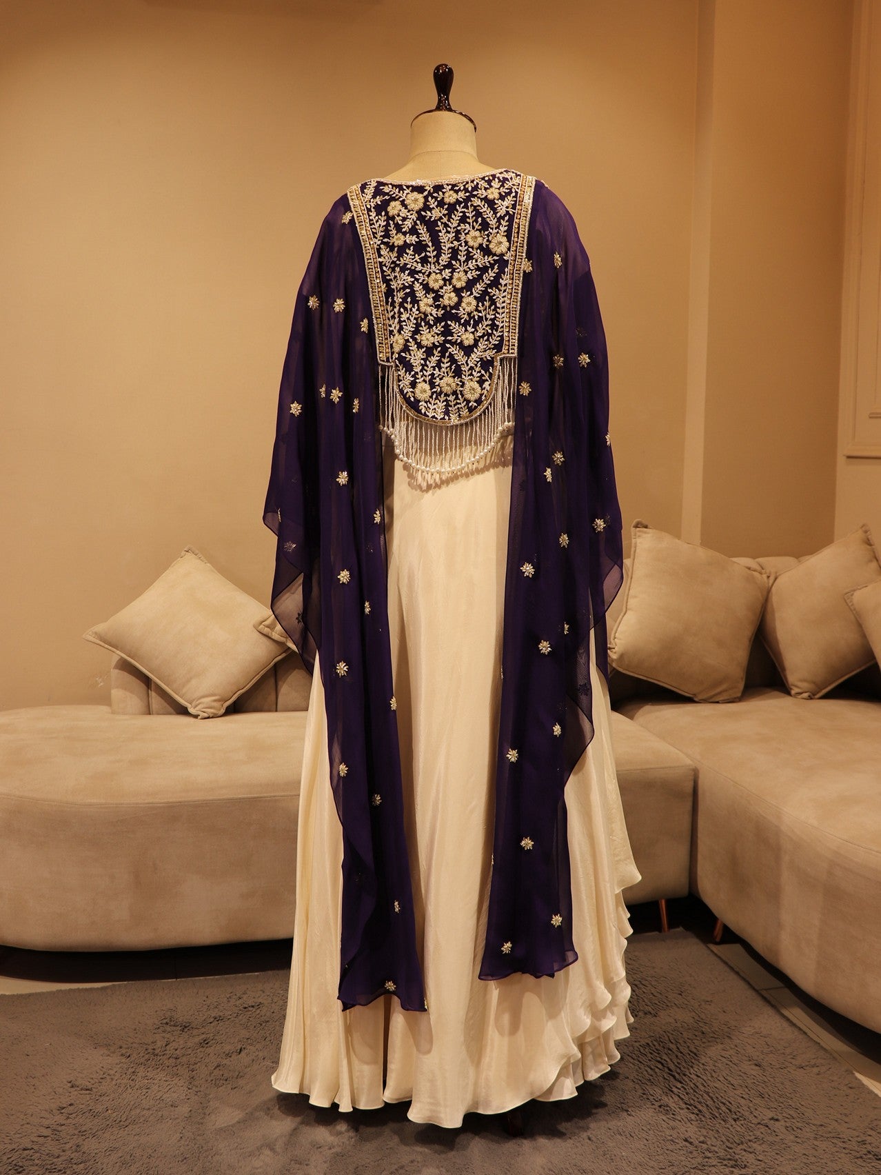 Purple white cape with crop top skirt