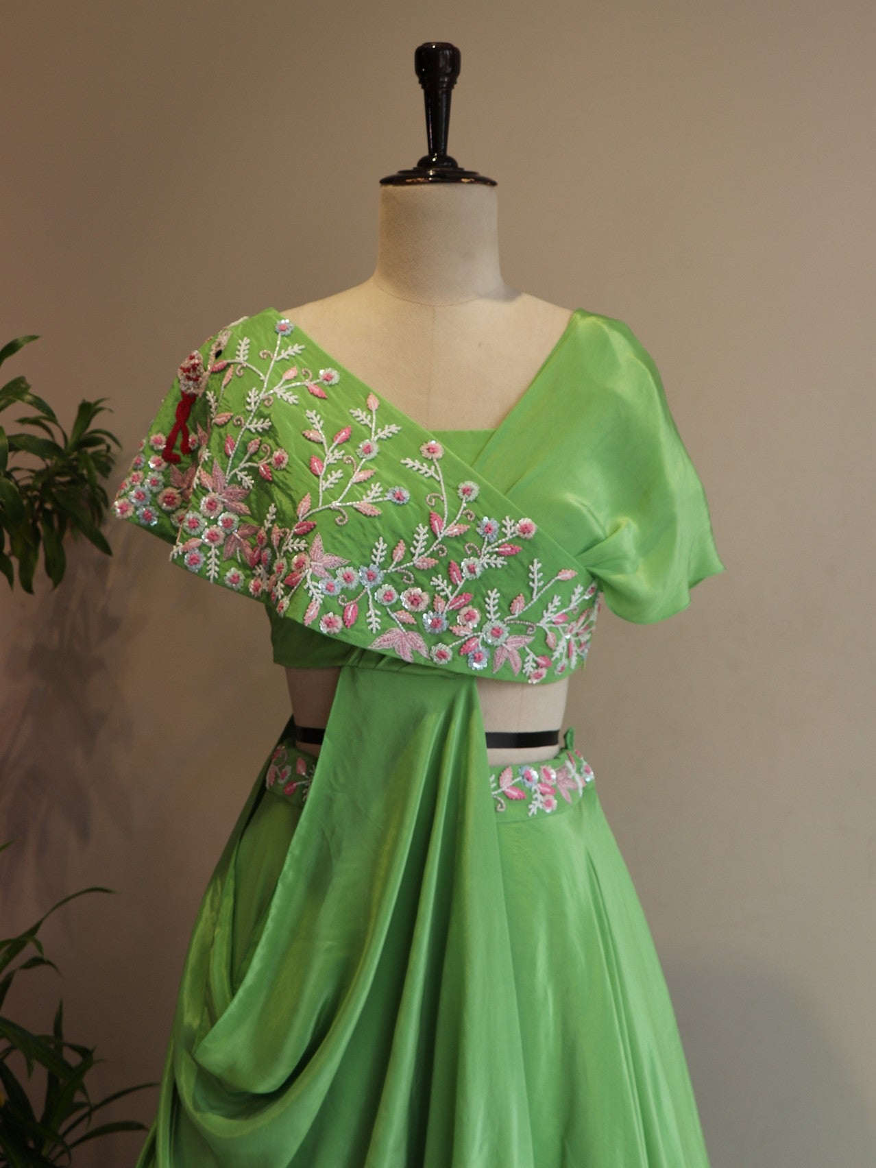 Apple green drape crop top with skirt