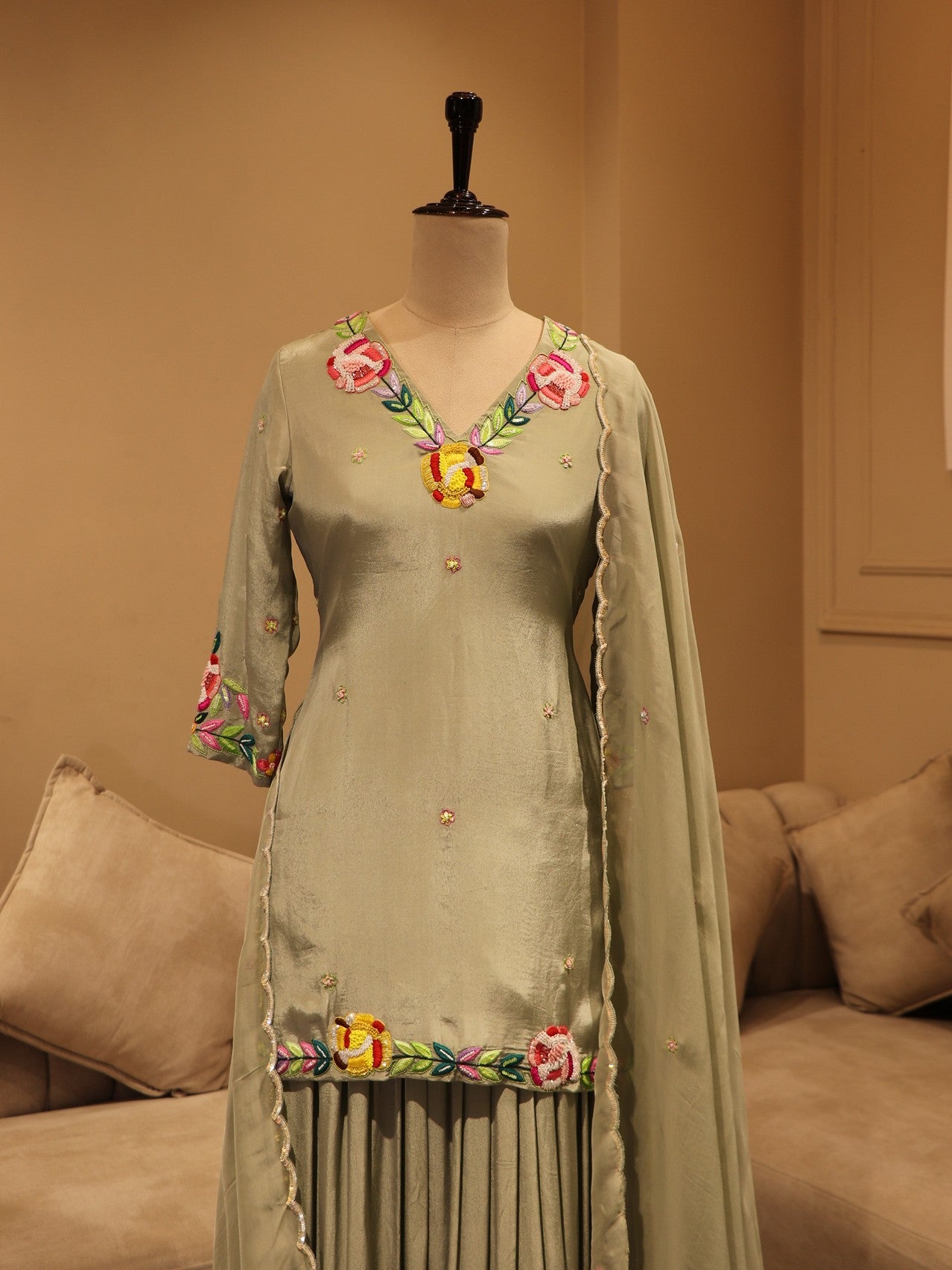 Pastel olive green kurta sharara skirt with duapatta