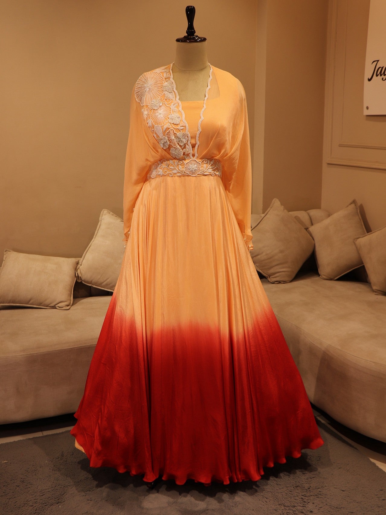 Peach red shade drape gown