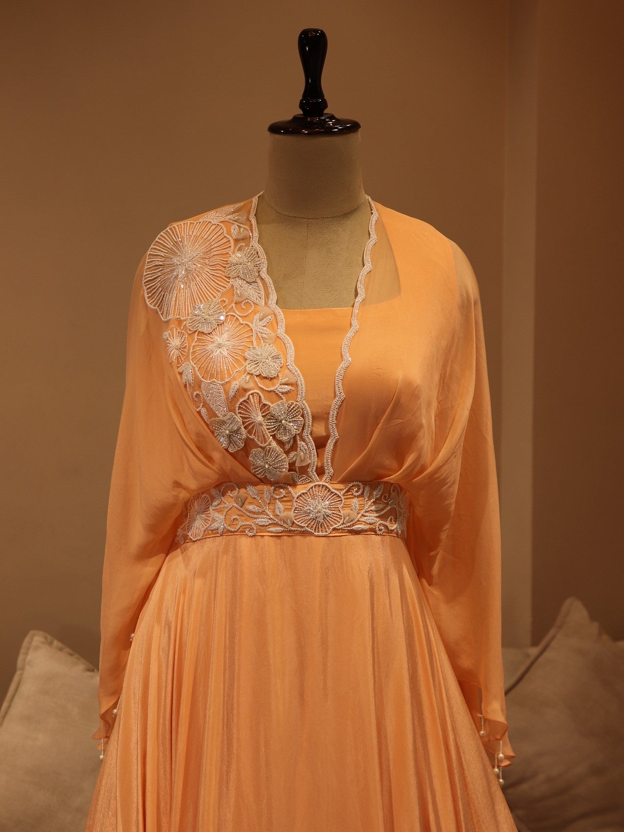 Peach red shade drape gown