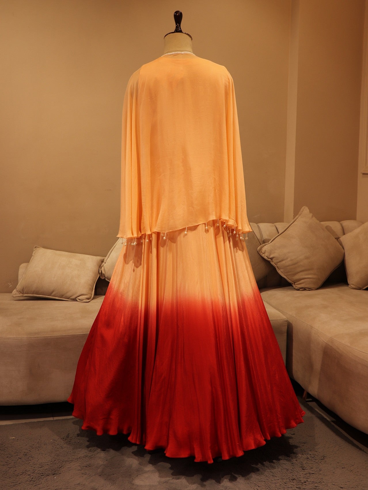 Peach red shade drape gown