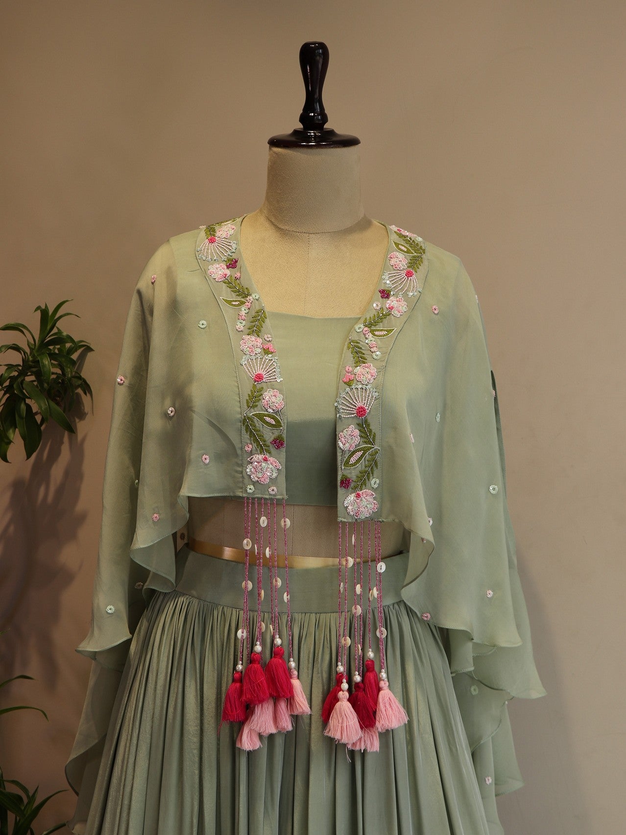 Pastel olive green crop top skirt cape