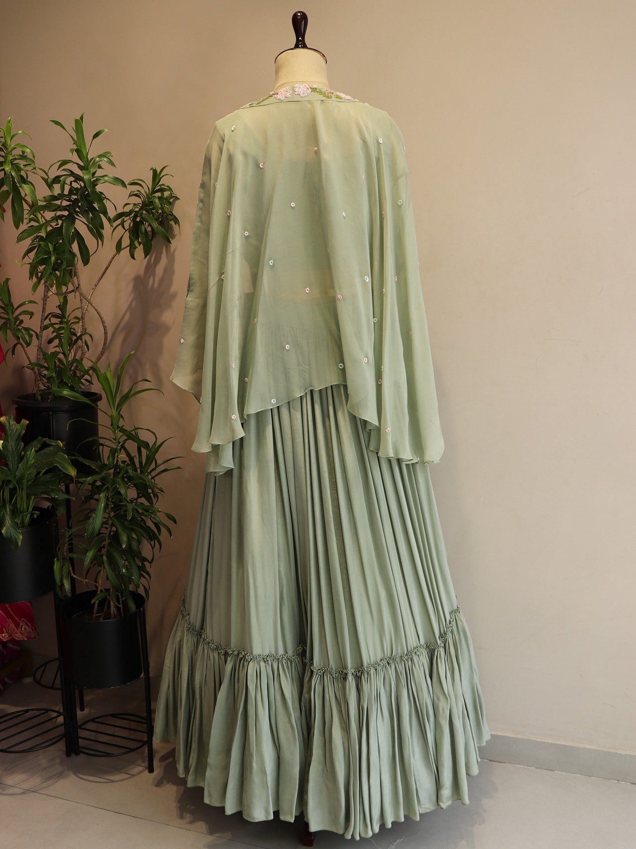 Pastel olive green crop top skirt cape