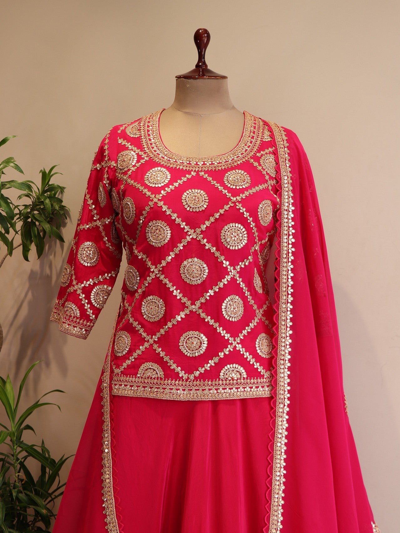 Rani pink kurti with skirt dupatta