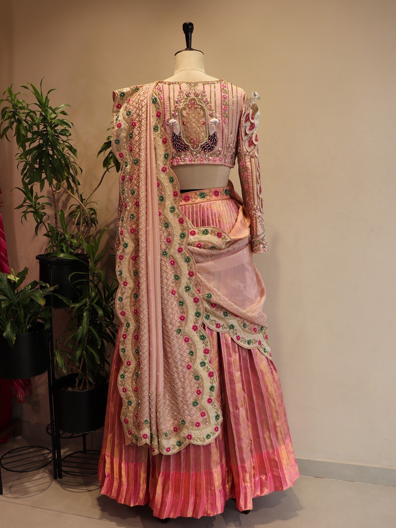 Pink shaded peacock lehenga set