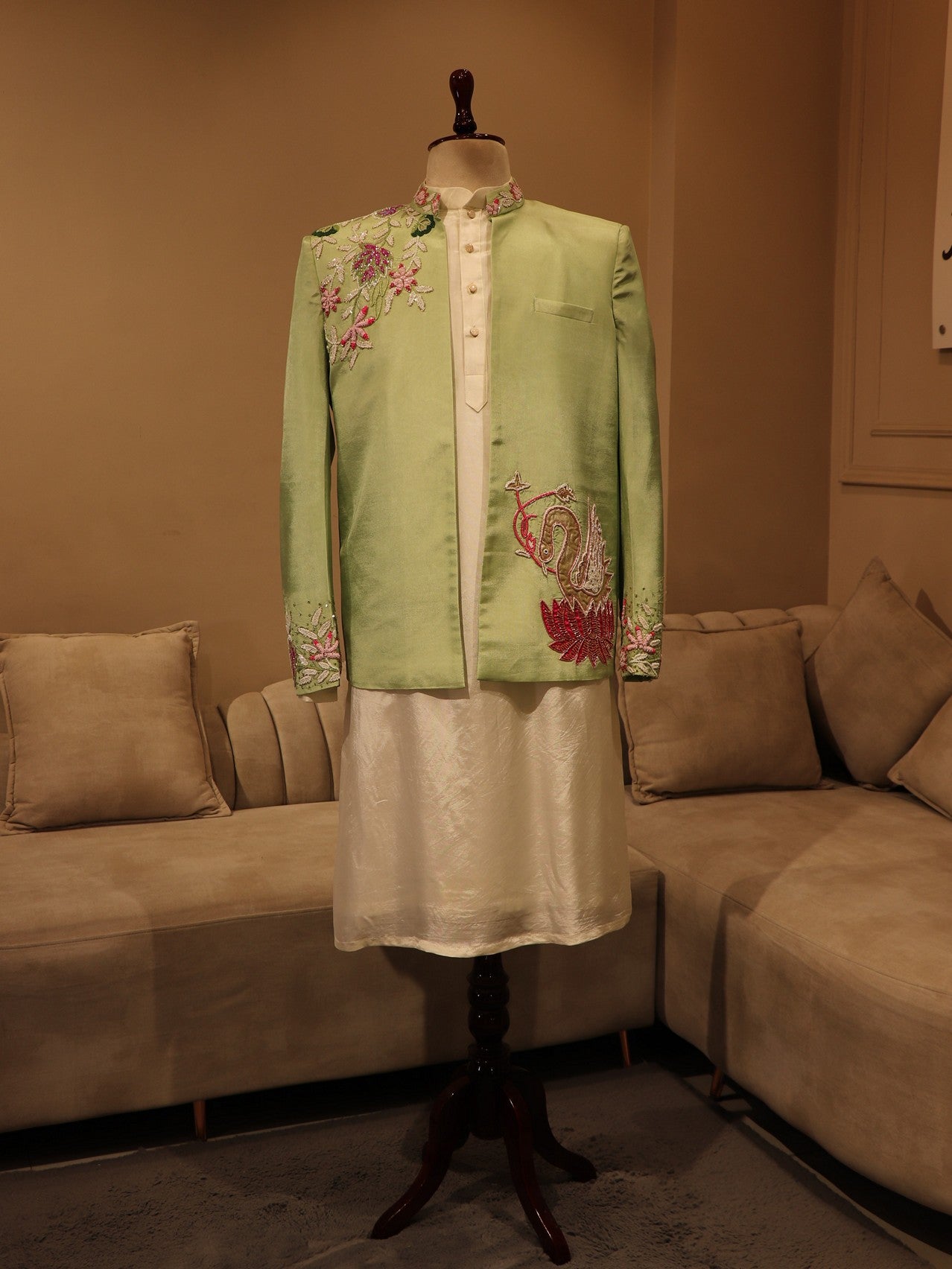 Mint green 3d flowers mens indo western set