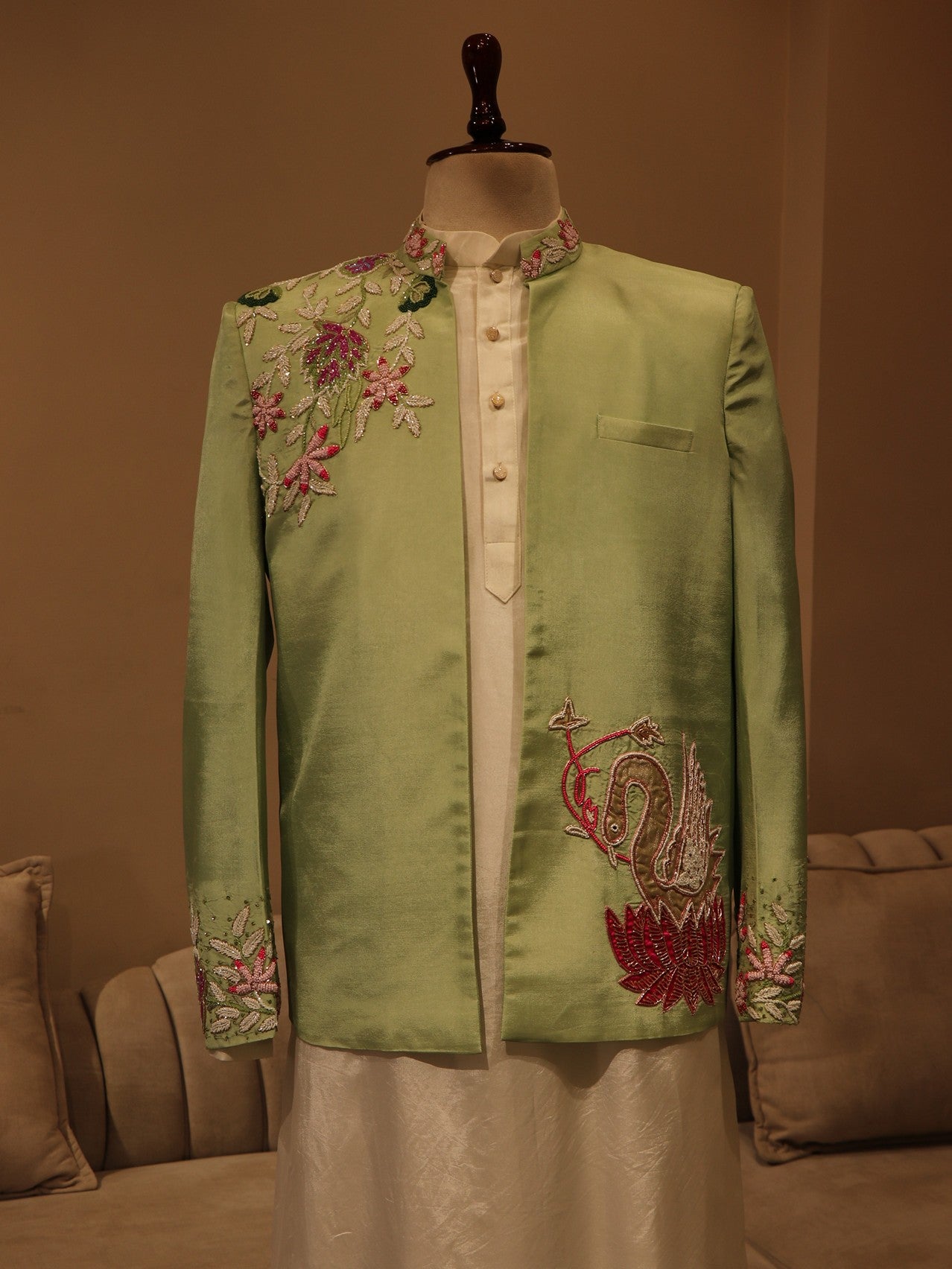 Mint green 3d flowers mens indo western set