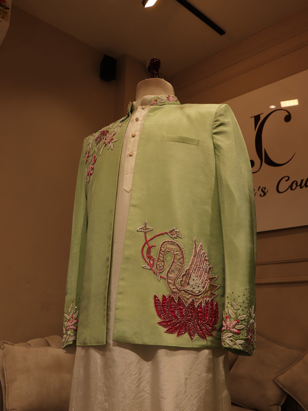 Mint green 3d flowers mens indo western set