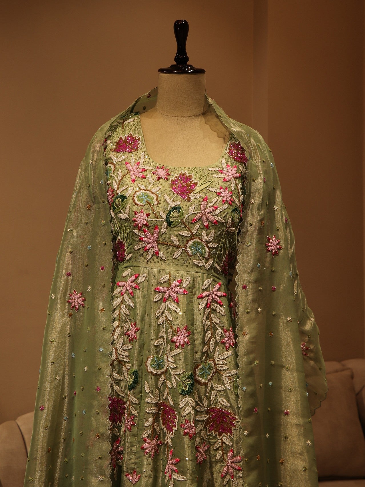 Mint green 3d flowers gown with cape dupatta