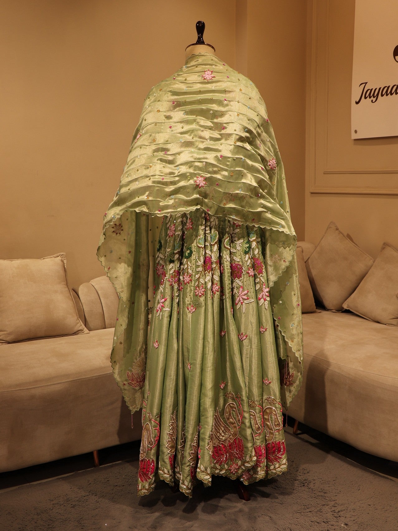 Mint green 3d flowers gown with cape dupatta