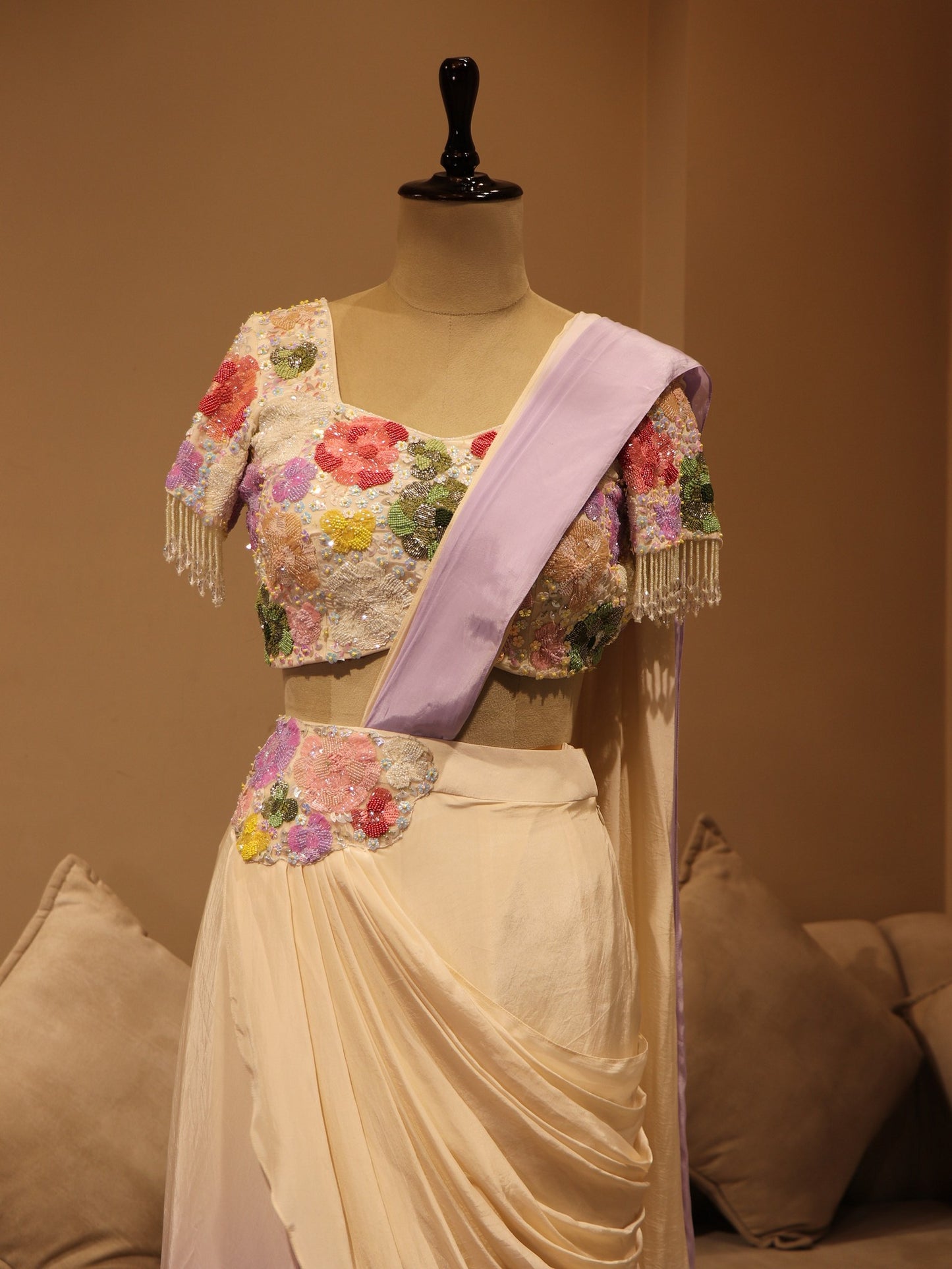 lilac off white shaded drape saree