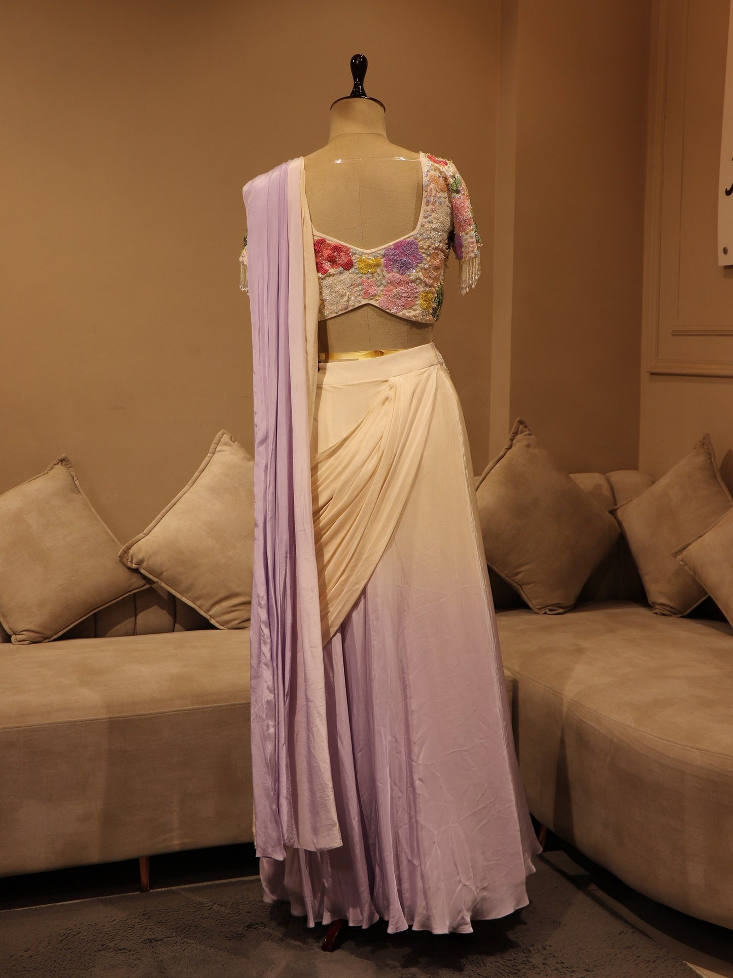 lilac off white shaded drape saree