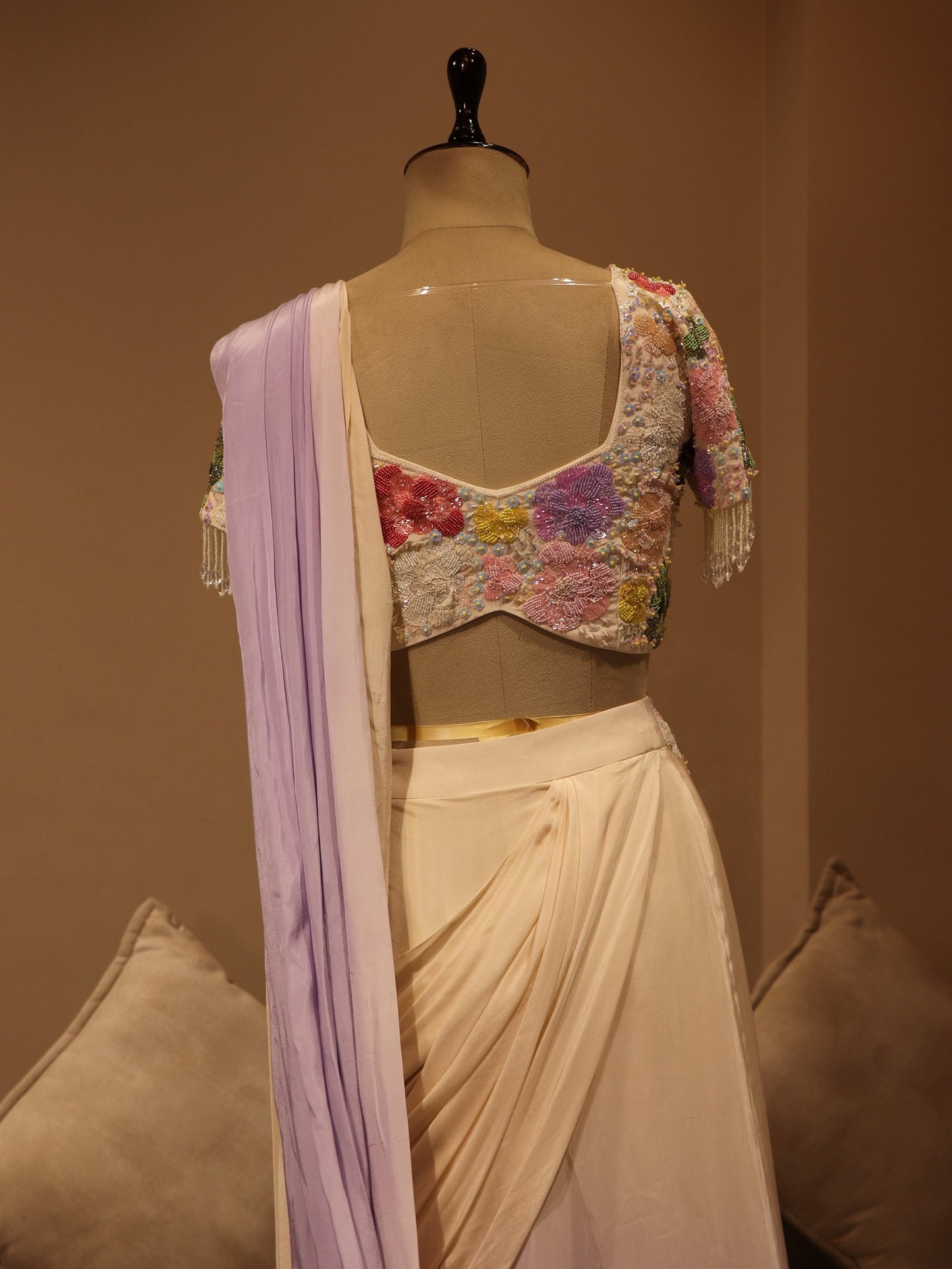 lilac off white shaded drape saree