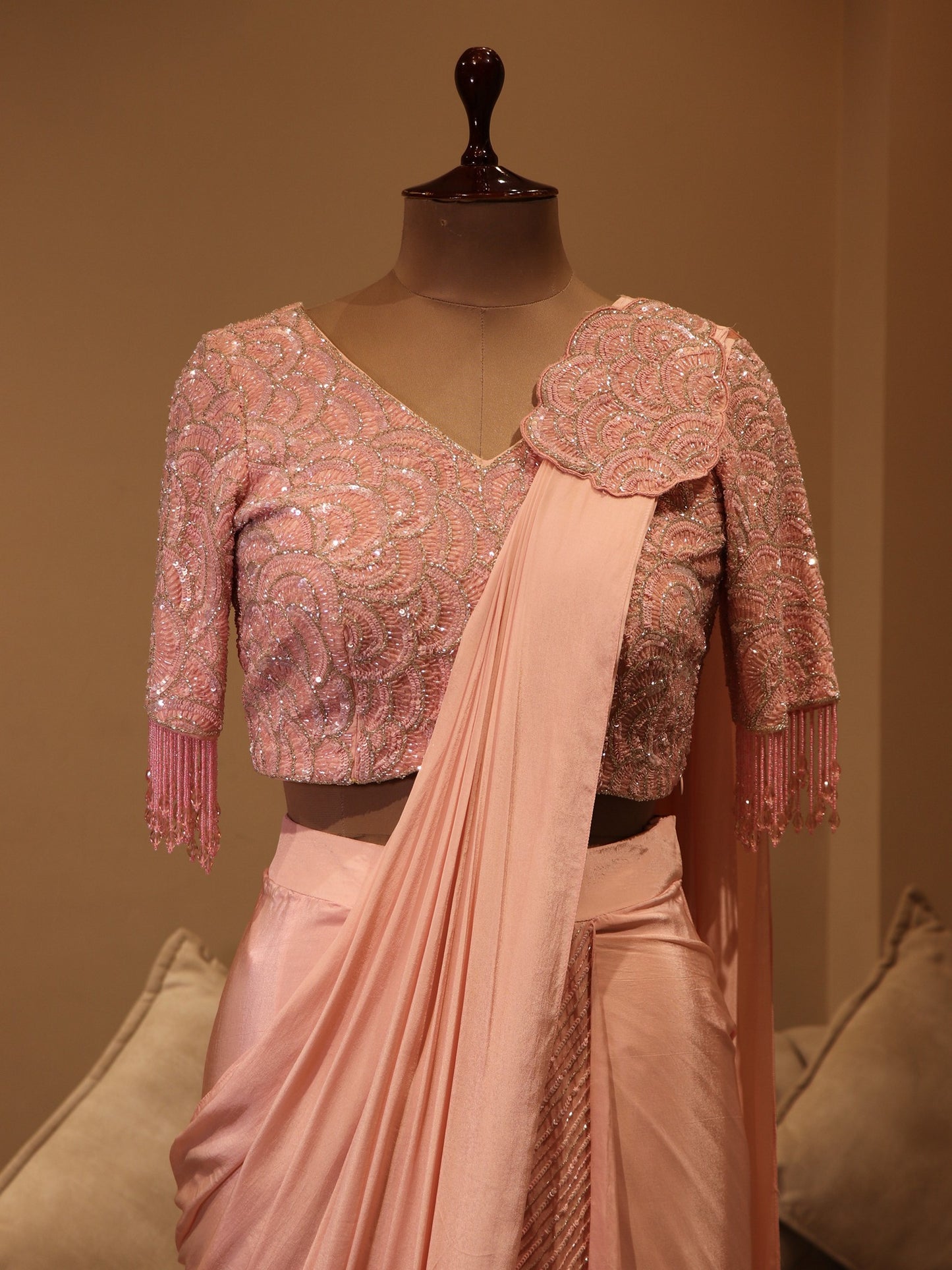 Blush pink drape saree