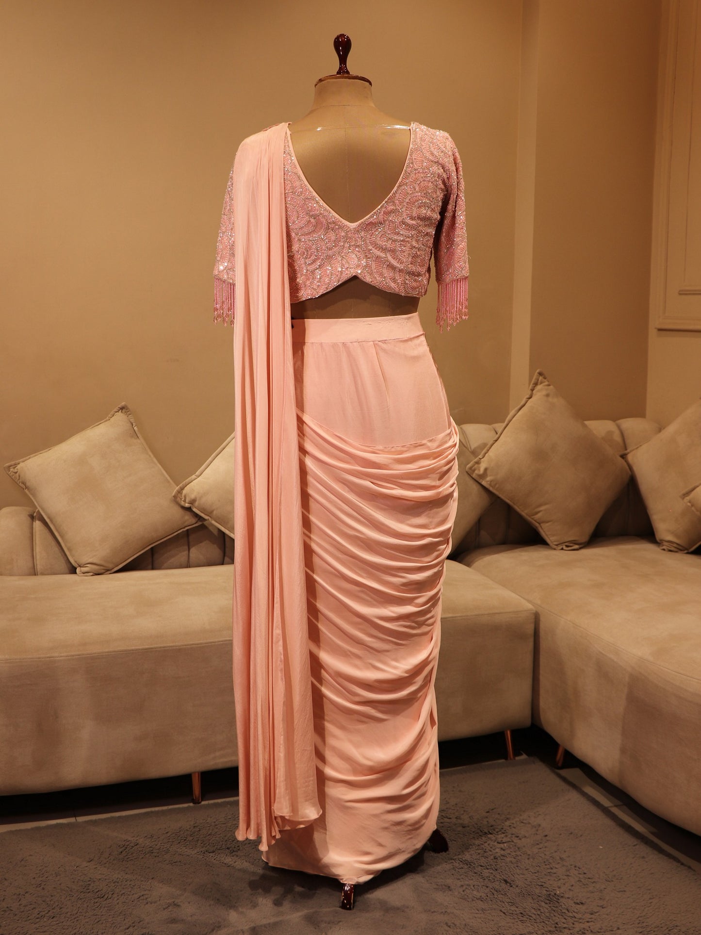 Blush pink drape saree