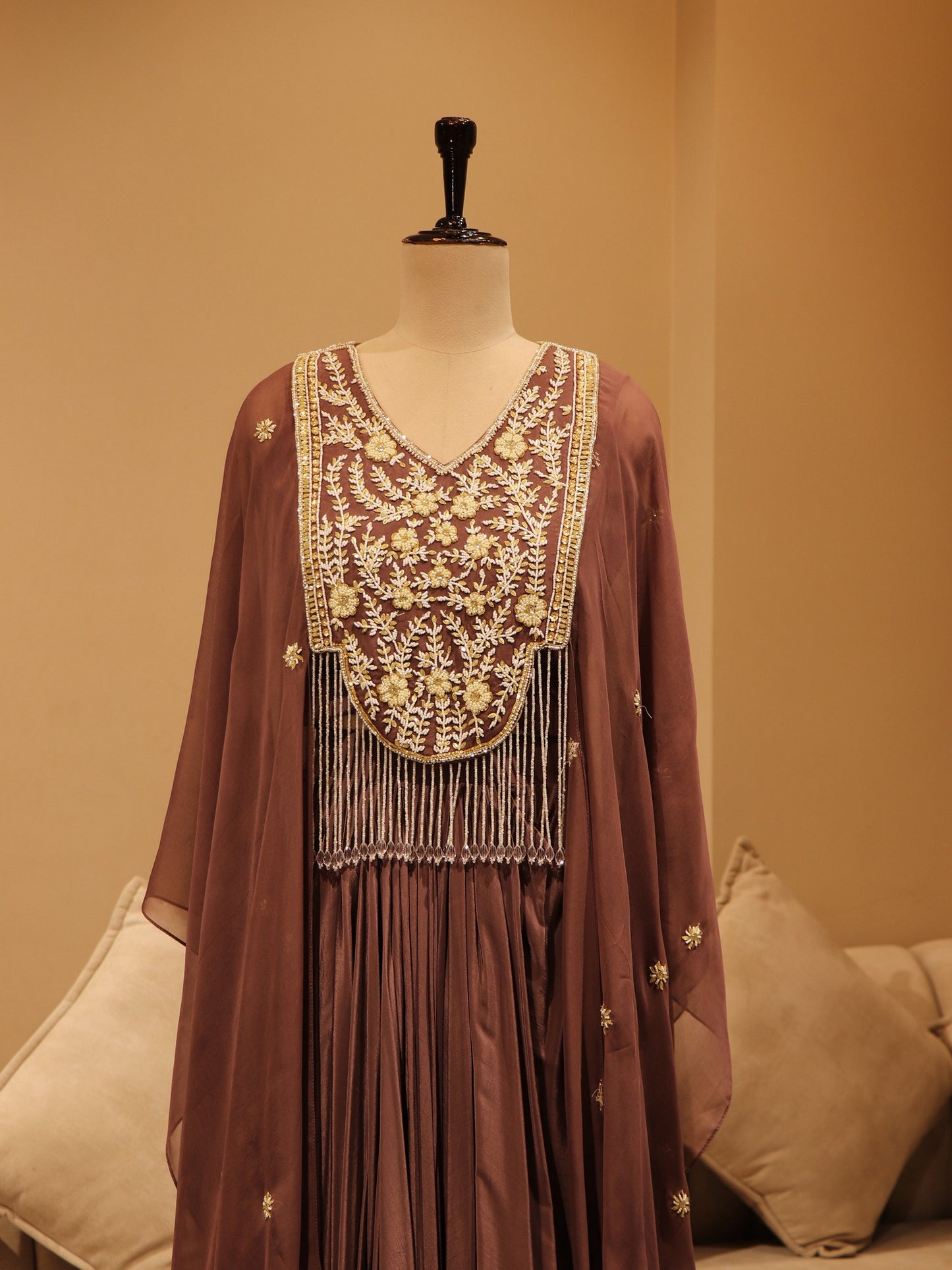 Mauve crop top cape with skirt