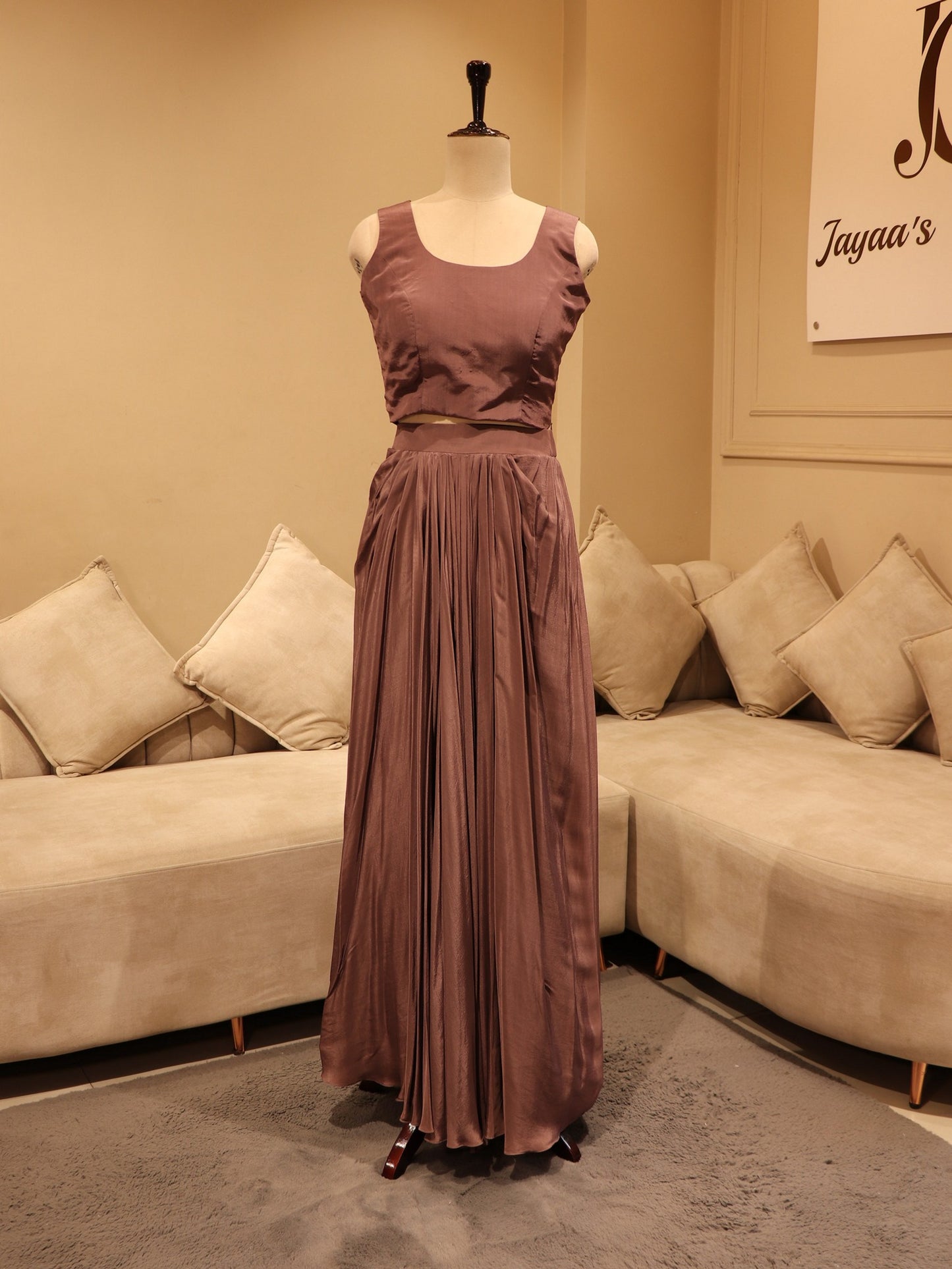 Mauve crop top cape with skirt