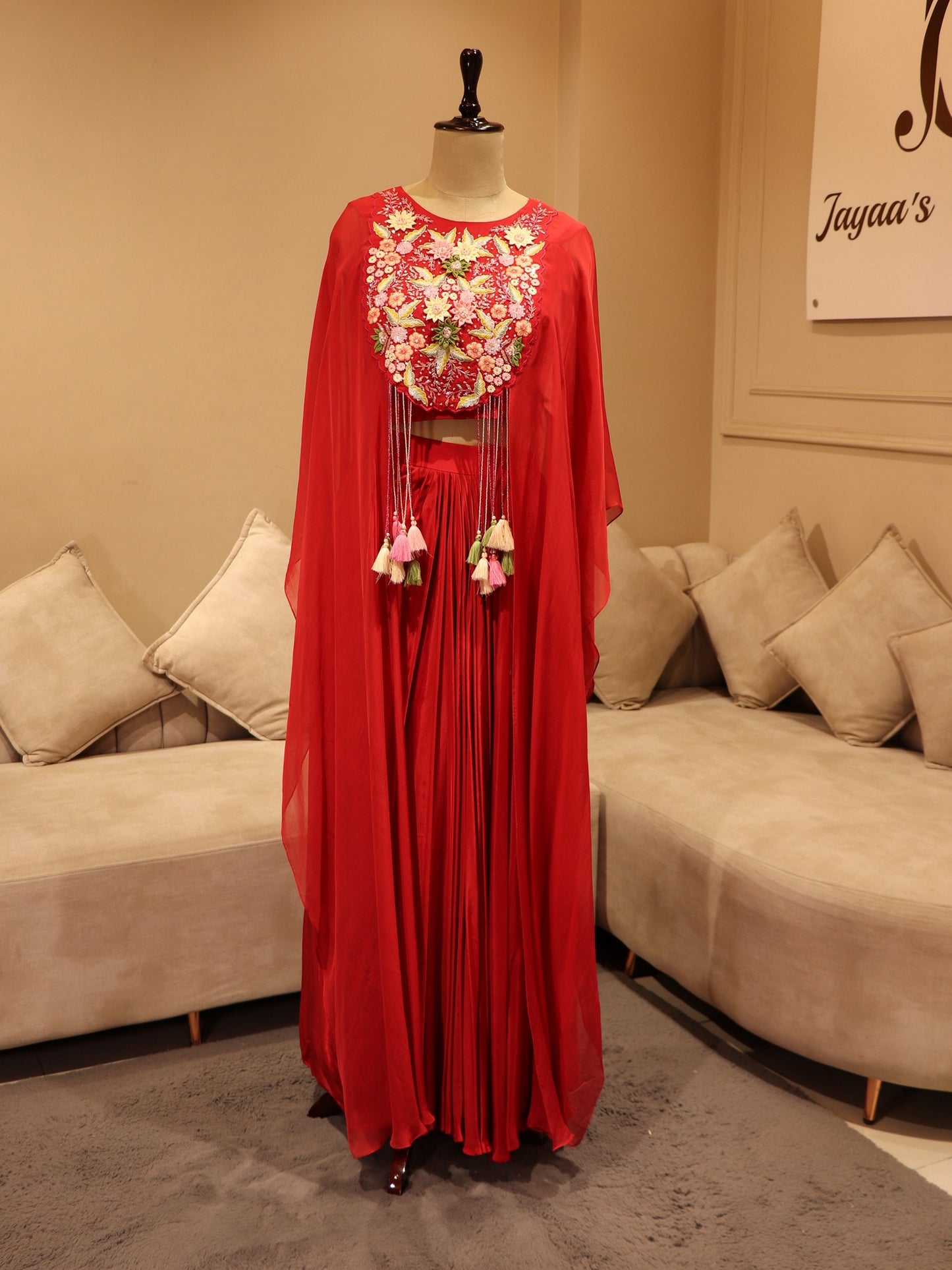 Hot red crop top cape with skirt