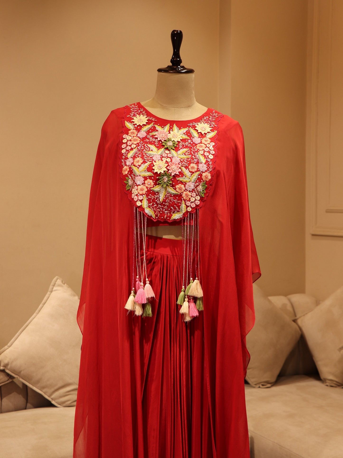 Hot red crop top cape with skirt
