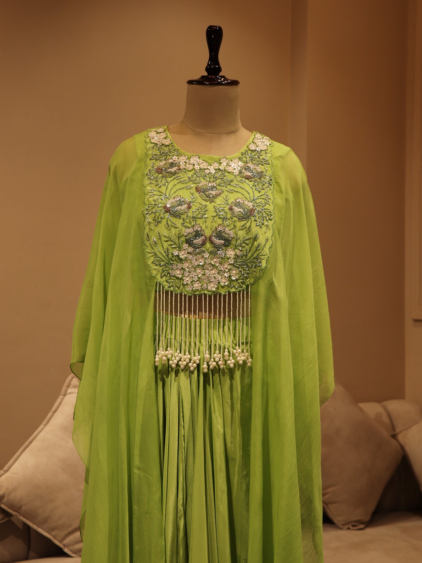 Parrot green crop top cape with skirt