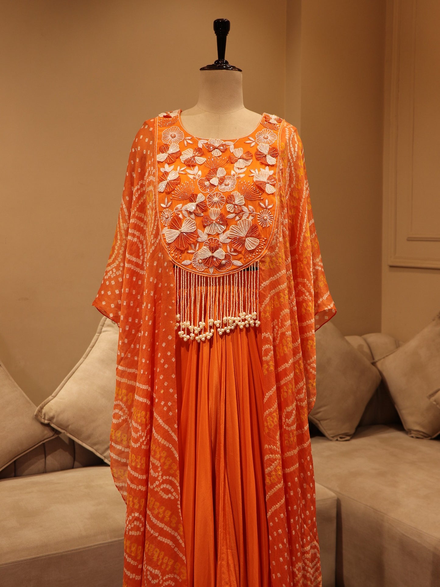 Rust orange Bandhej crop top skirt with cape