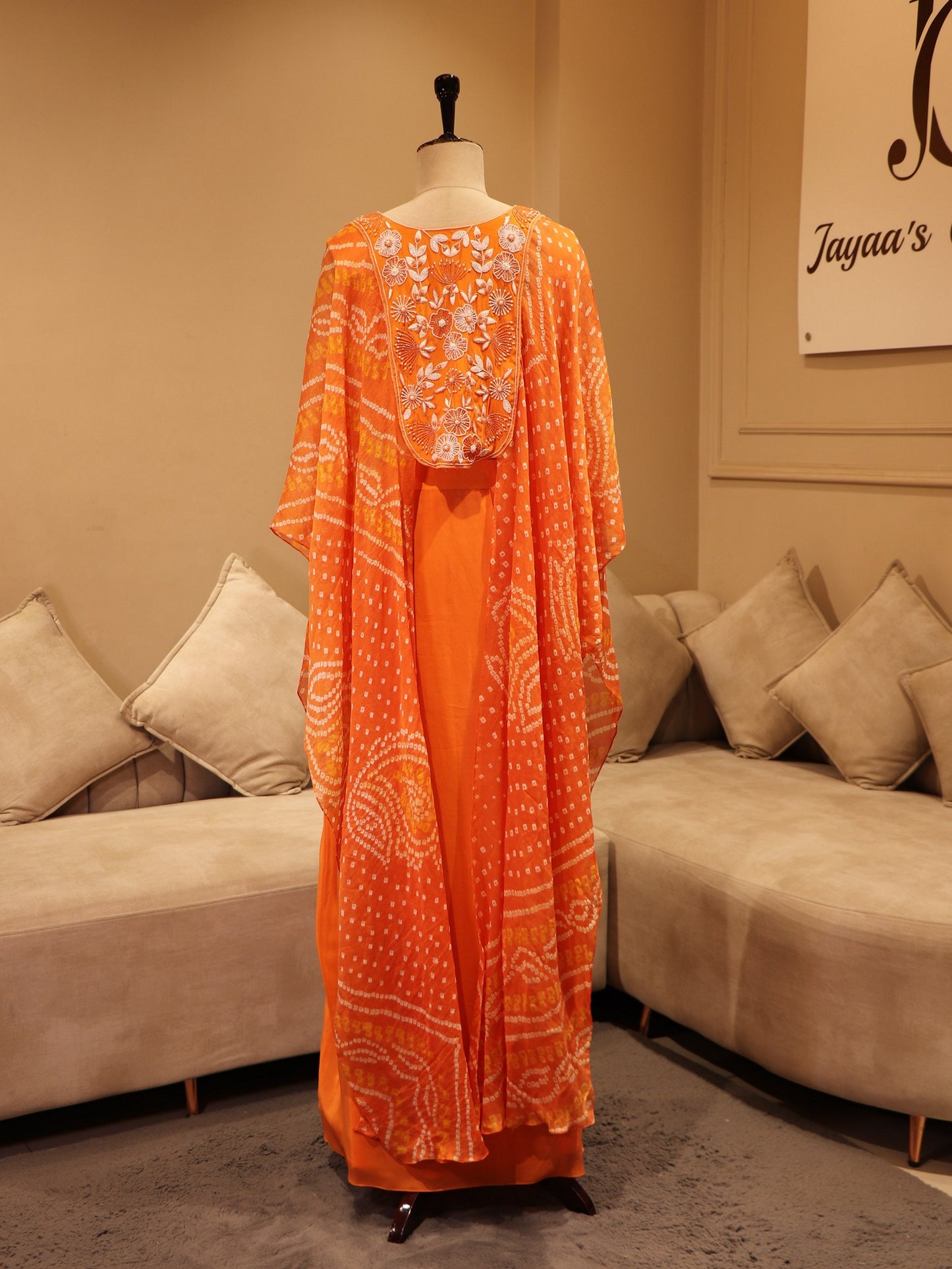 Rust orange Bandhej crop top skirt with cape