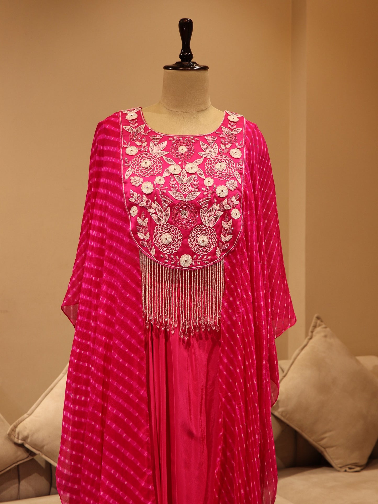 Fusia pink bandhej cape top with skirt